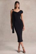 Mirelda | Black Asymmetric-Neck Midi Dress With Gold-Detail