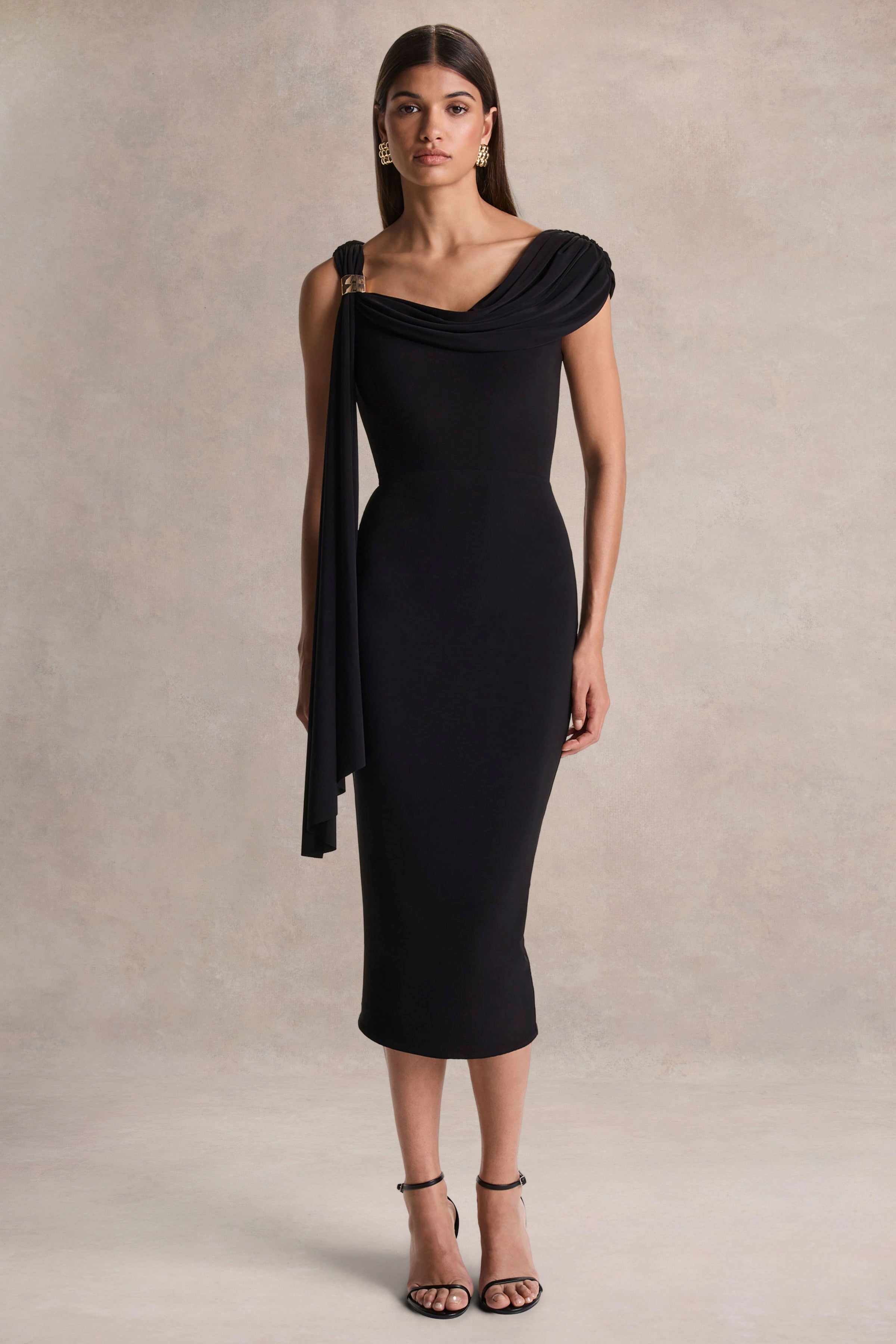 Mirelda | Black Asymmetric-Neck Midi Dress With Gold-Detail
