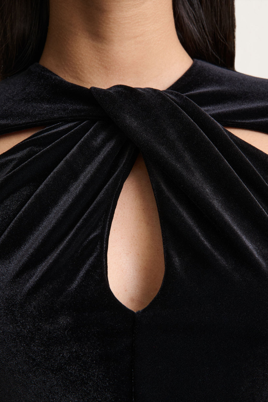 Francine | Black Velvet Round-Neck Midi Dress With Cut-Out Details