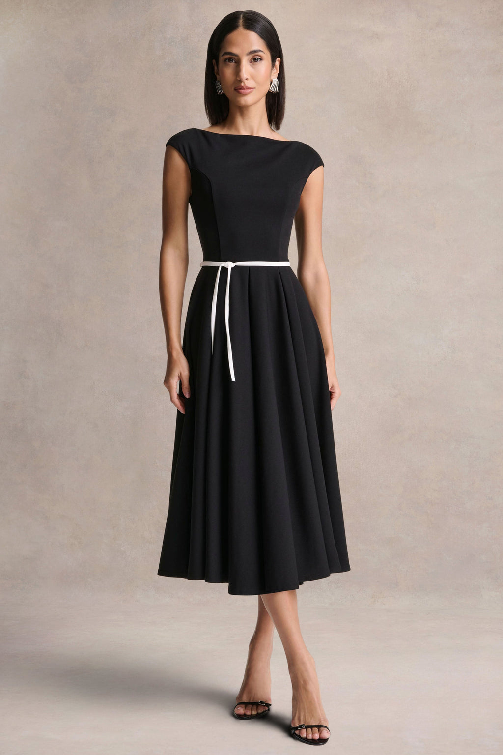 Nataline | Black Round-Neck Midi Dress With White Belt-Detail