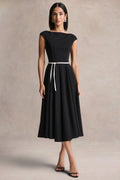 Nataline | Black Round-Neck Midi Dress With White Belt-Detail