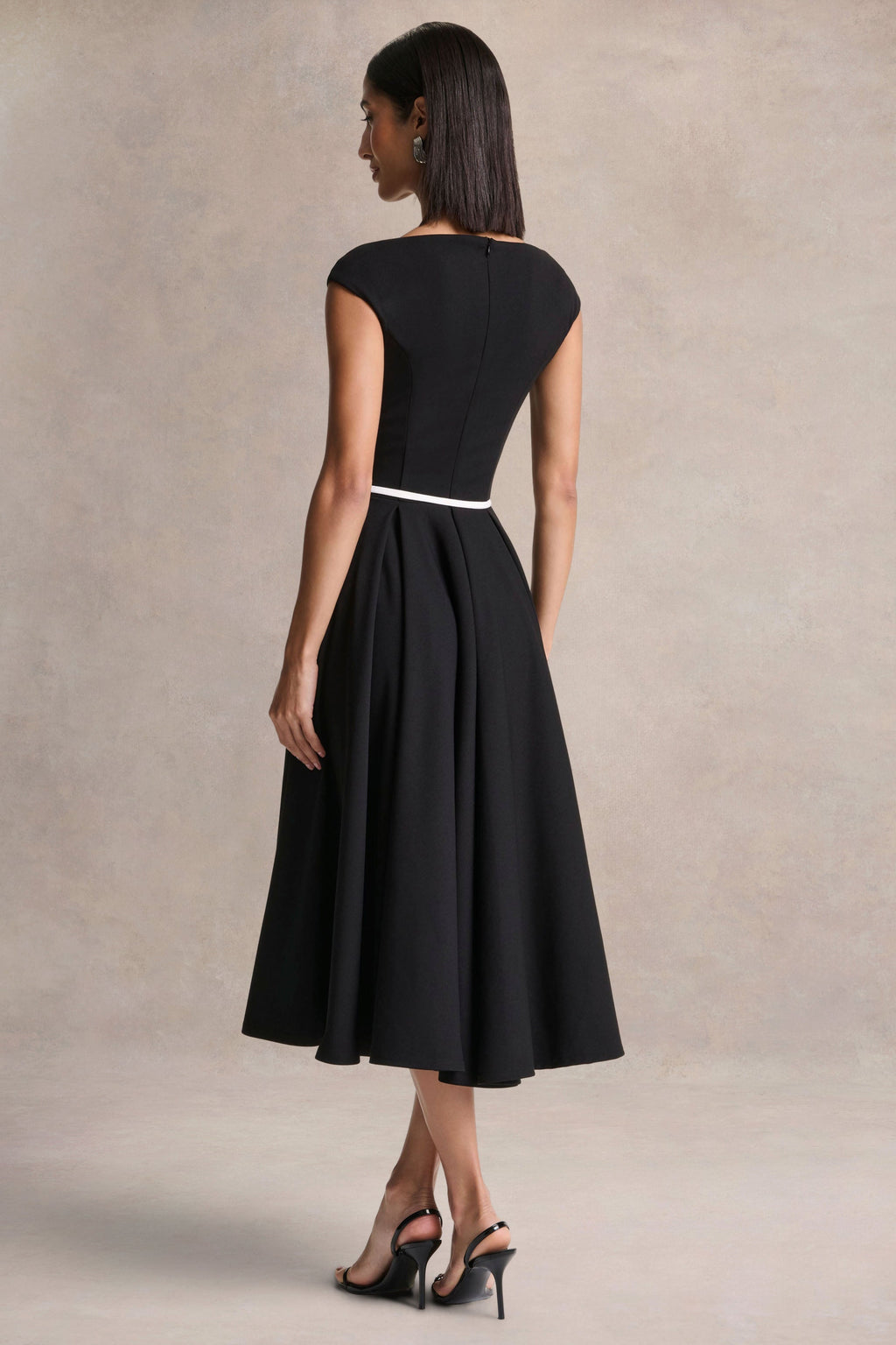 Nataline | Black Round-Neck Midi Dress With White Belt-Detail
