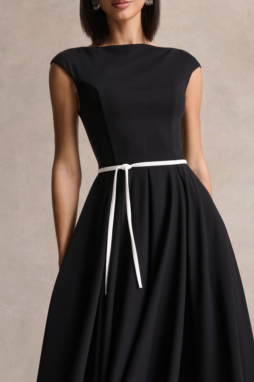 Nataline | Black Round-Neck Midi Dress With White Belt-Detail