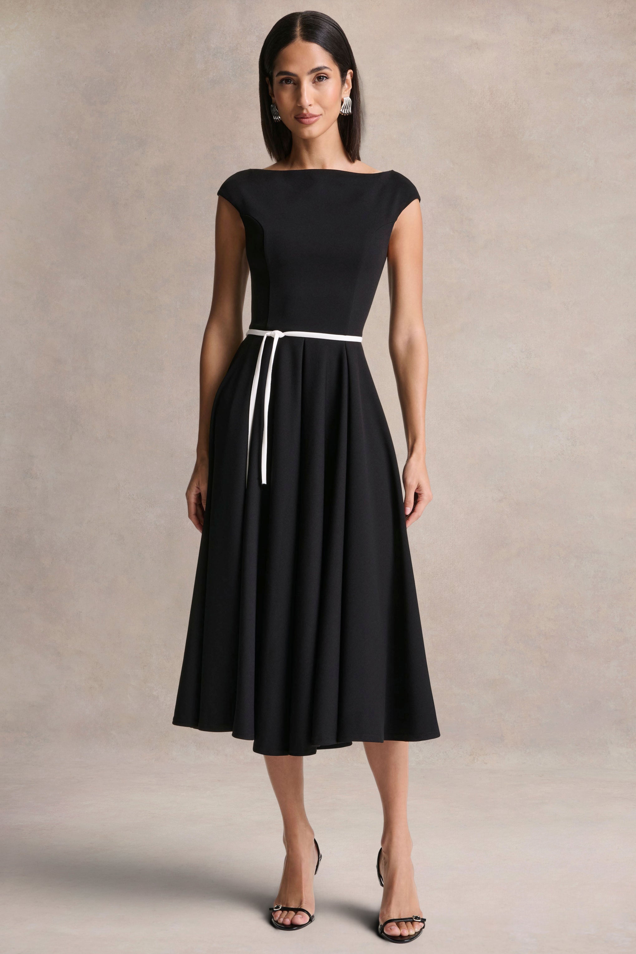 Nataline | Black Round-Neck Midi Dress With White Belt-Detail