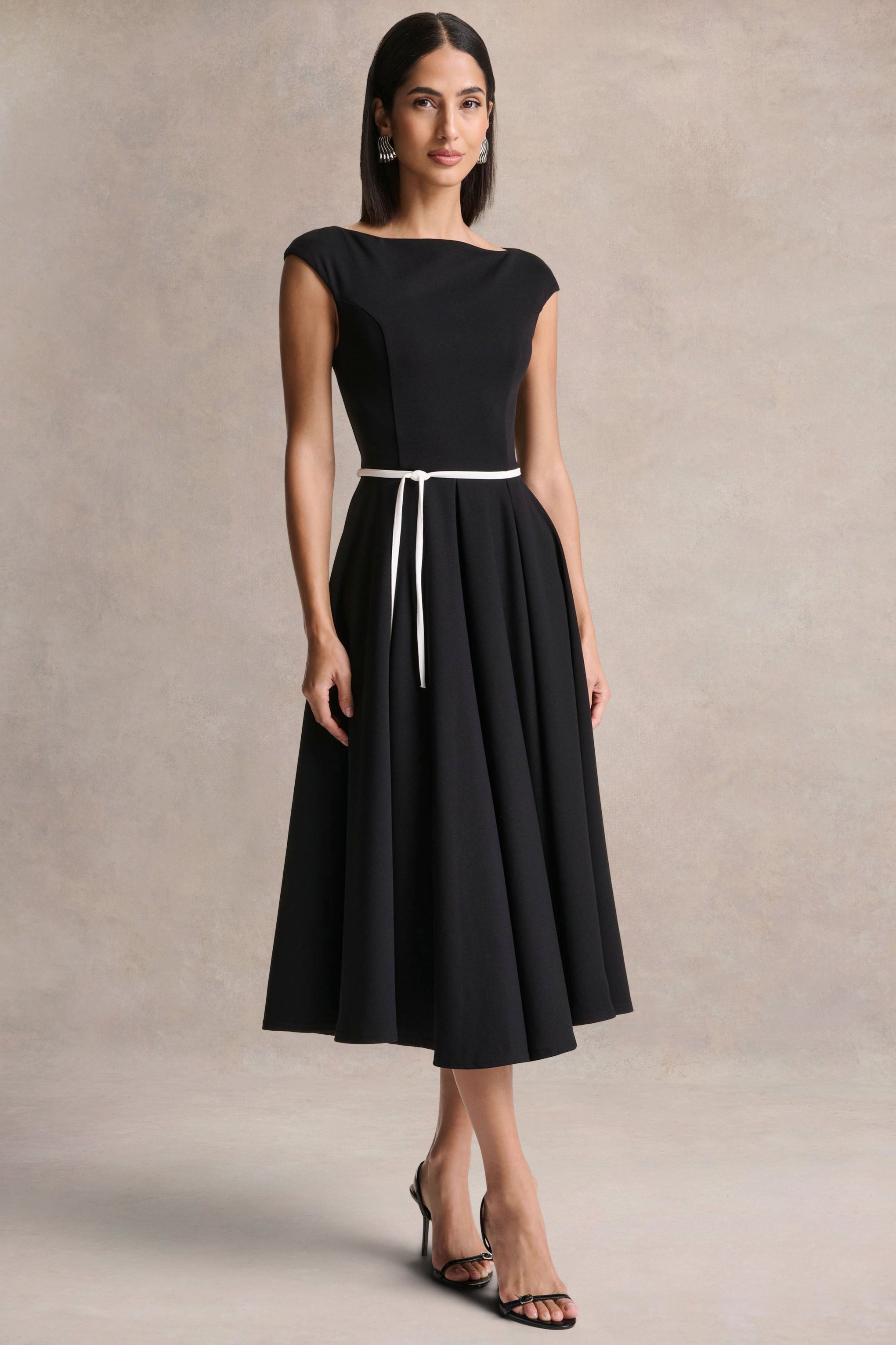 Nataline | Black Round-Neck Midi Dress With White Belt-Detail