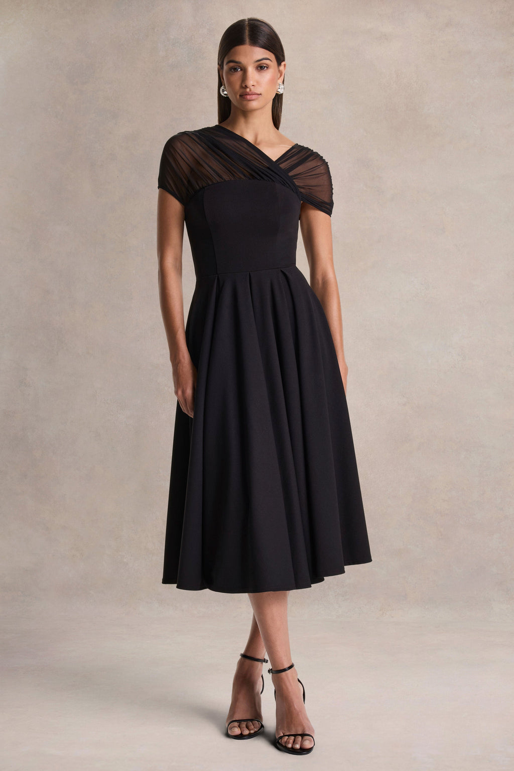 Rosette | Black Asymmetric-Neck Midi Dress