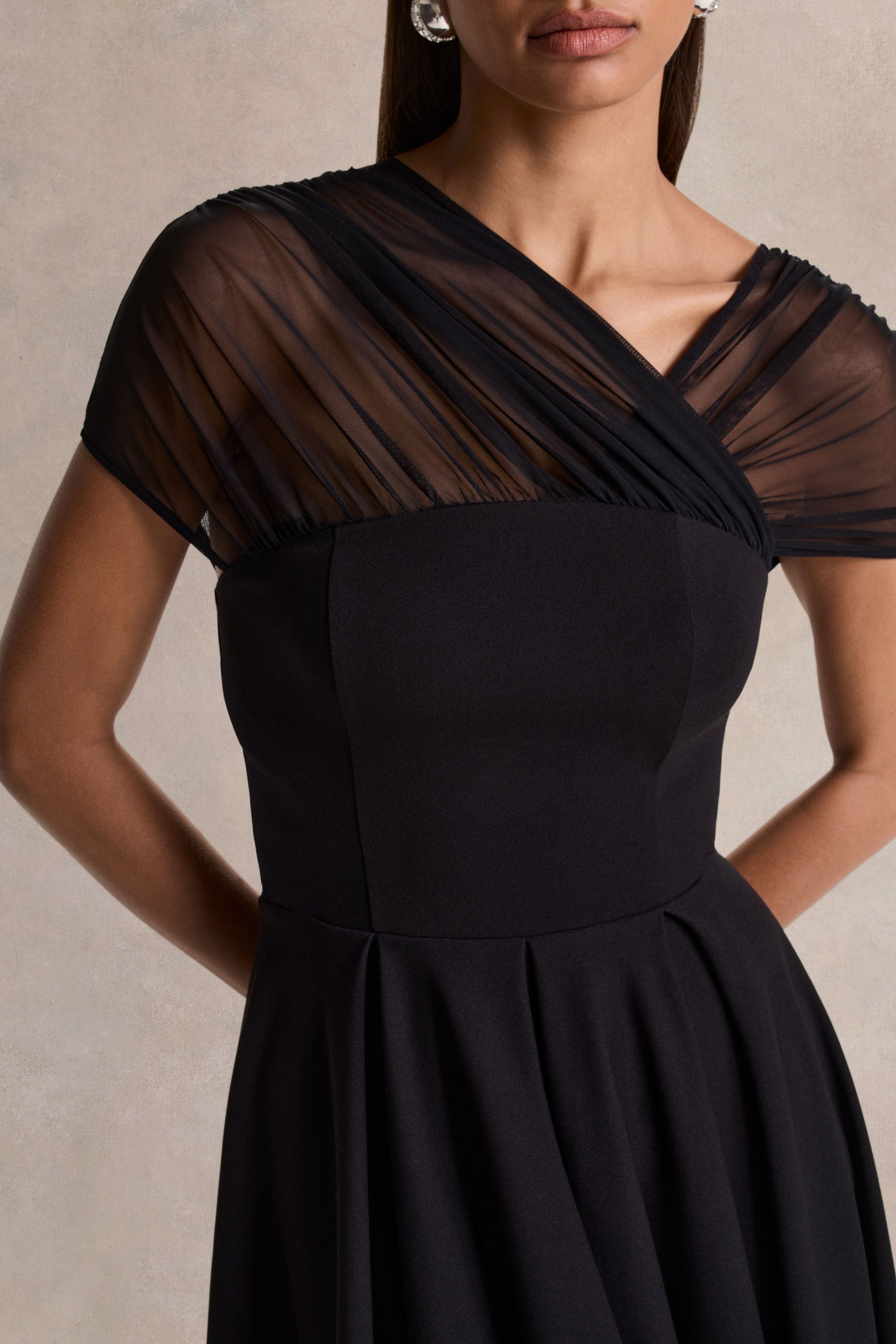 Rosette | Black Asymmetric-Neck Midi Dress