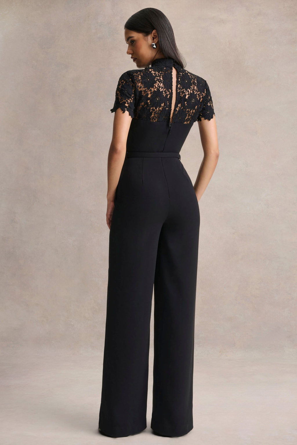 Orlina | Black High-Neck Jumpsuit With Lace Detailing