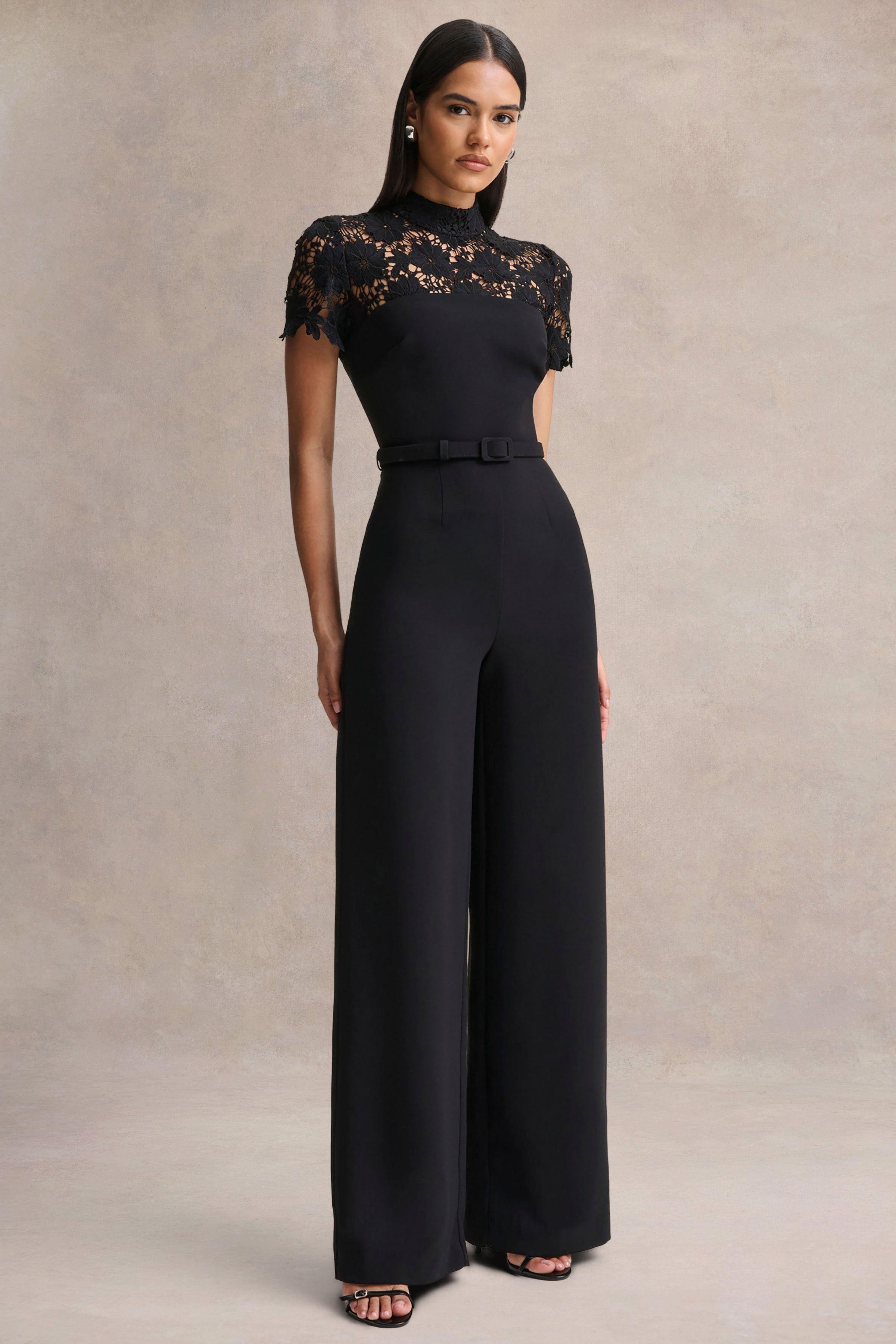Orlina | Black High-Neck Jumpsuit With Lace Detailing