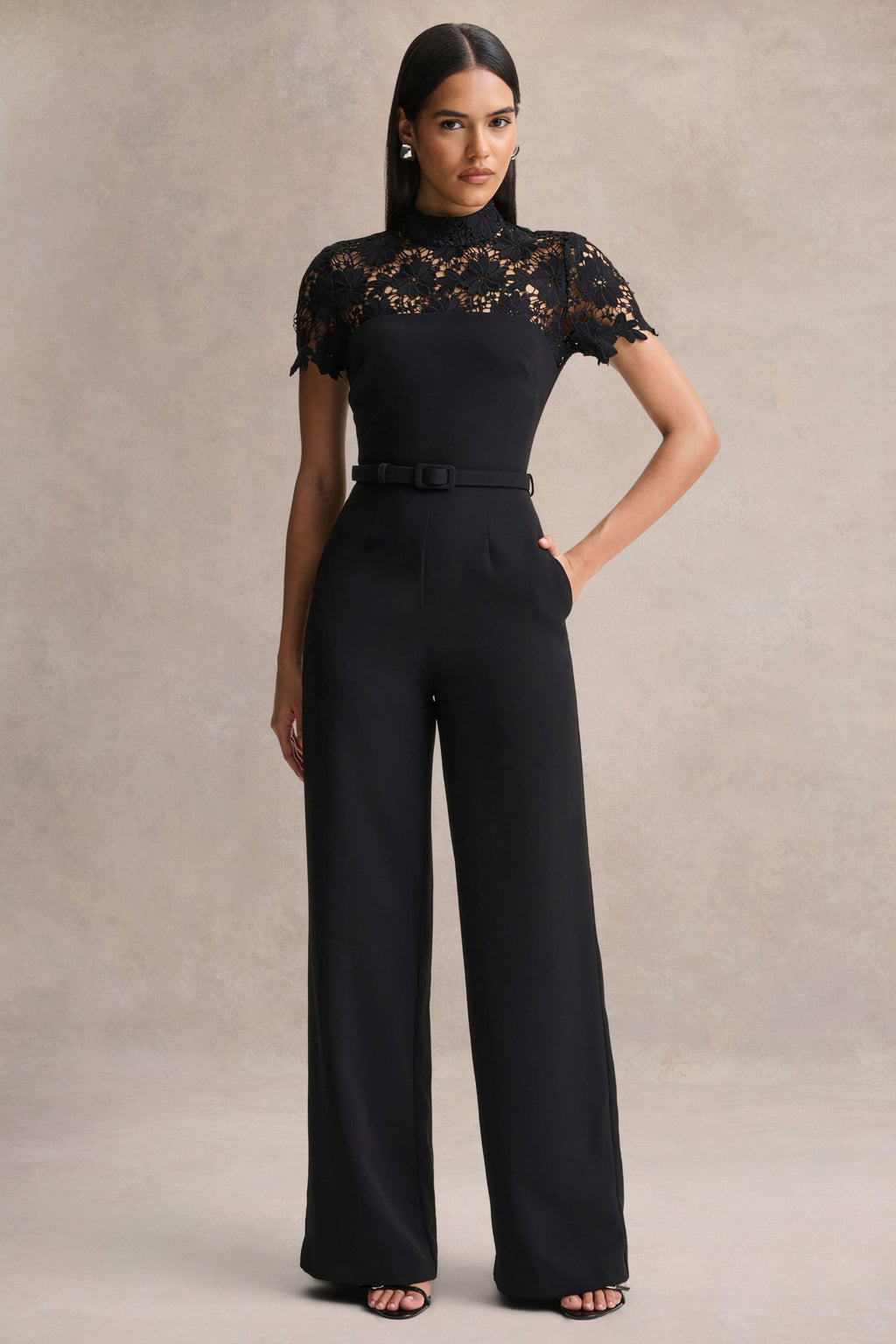 Orlina | Black High-Neck Jumpsuit With Lace Detailing