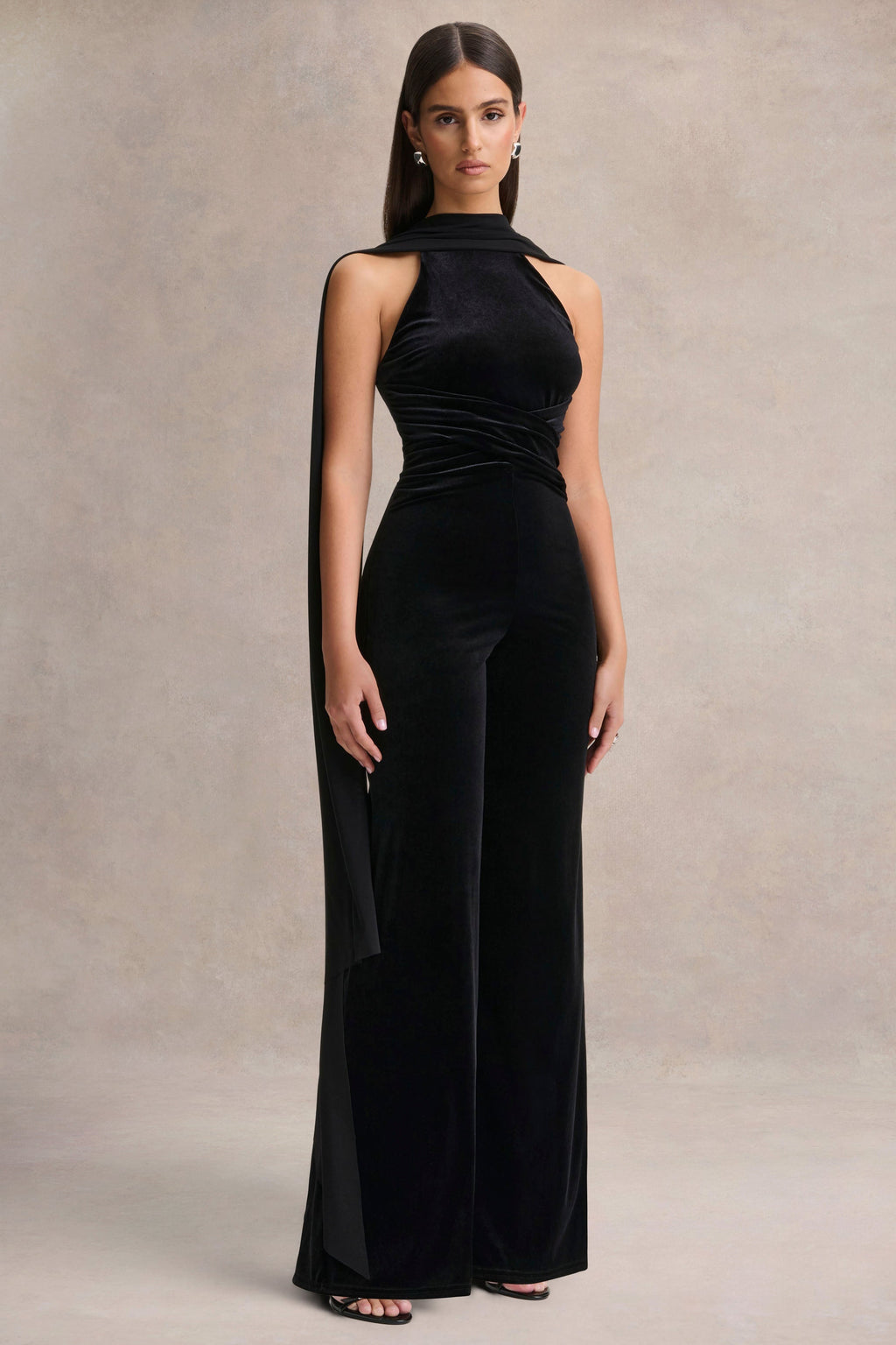Madalina | Black High-Neck Jumpsuit With Scarf-Detail