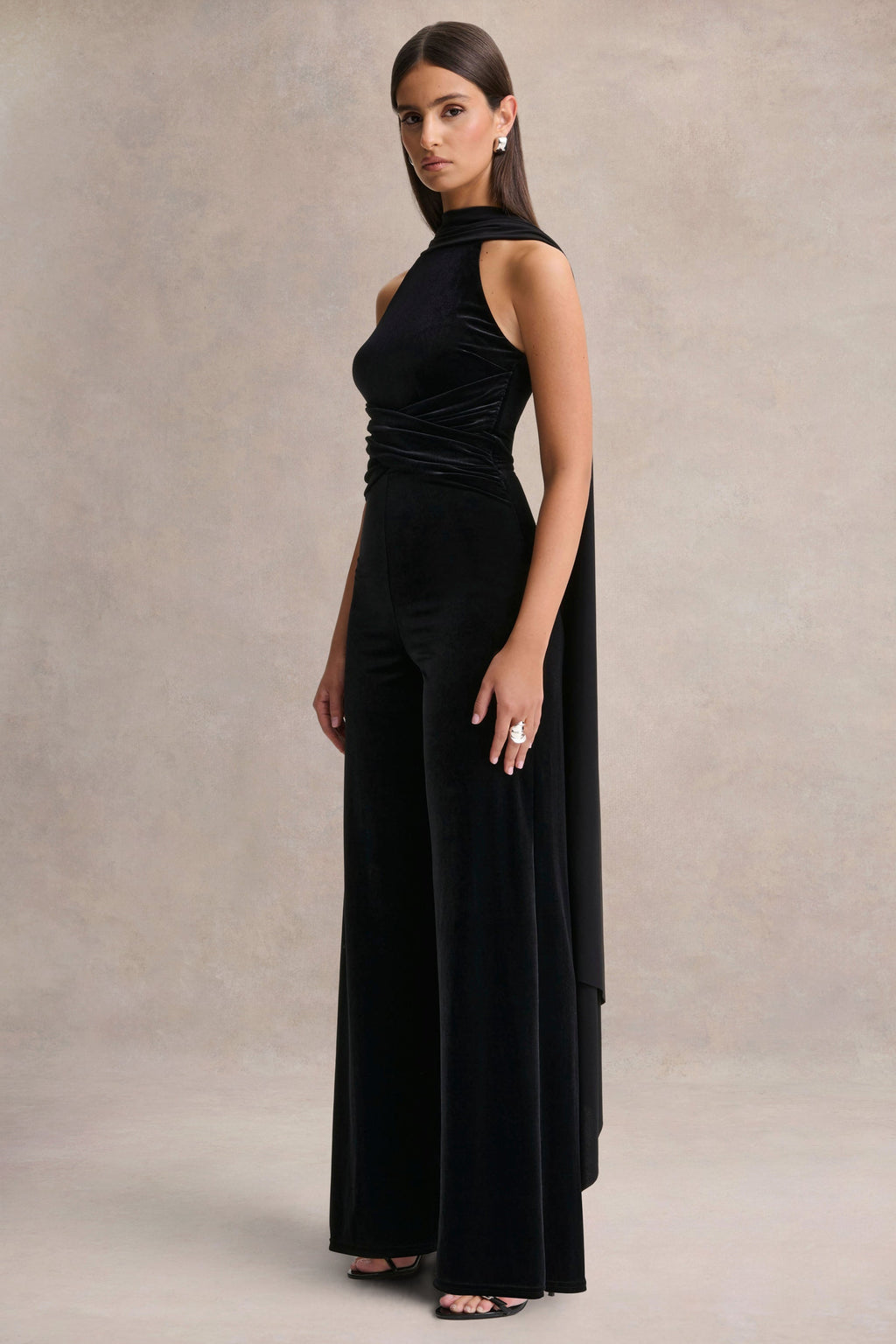 Madalina | Black High-Neck Jumpsuit With Scarf-Detail