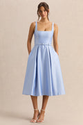 Crystaline | Powder Blue Satin Square-Neck Midi Dress