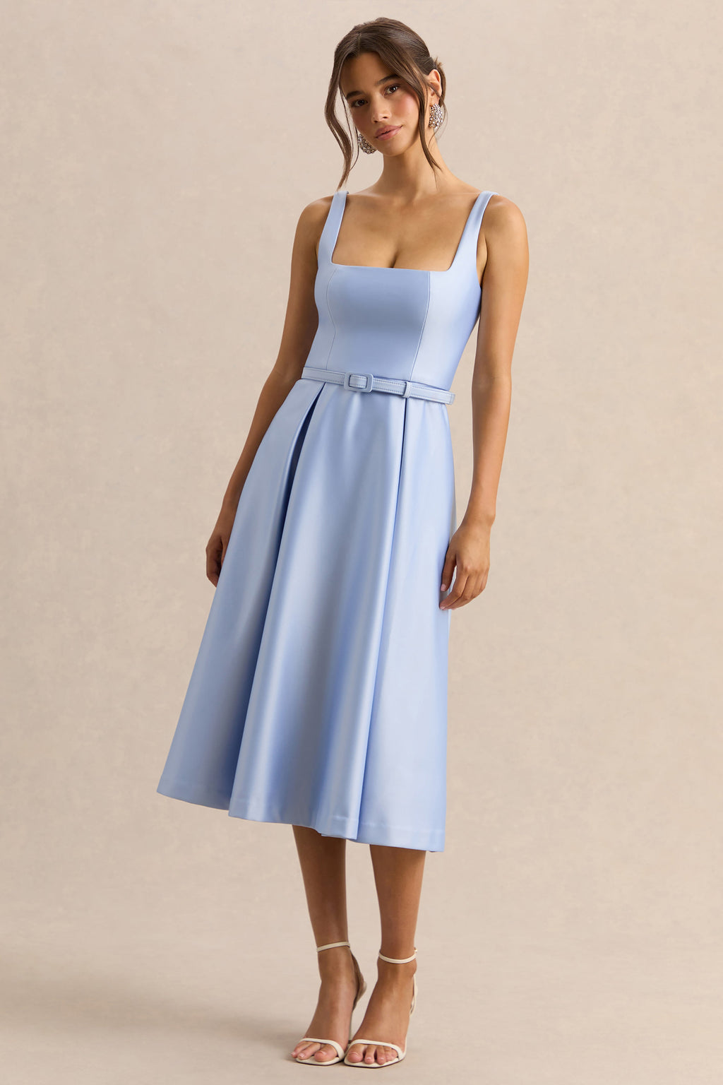 Crystaline | Powder Blue Satin Square-Neck Midi Dress