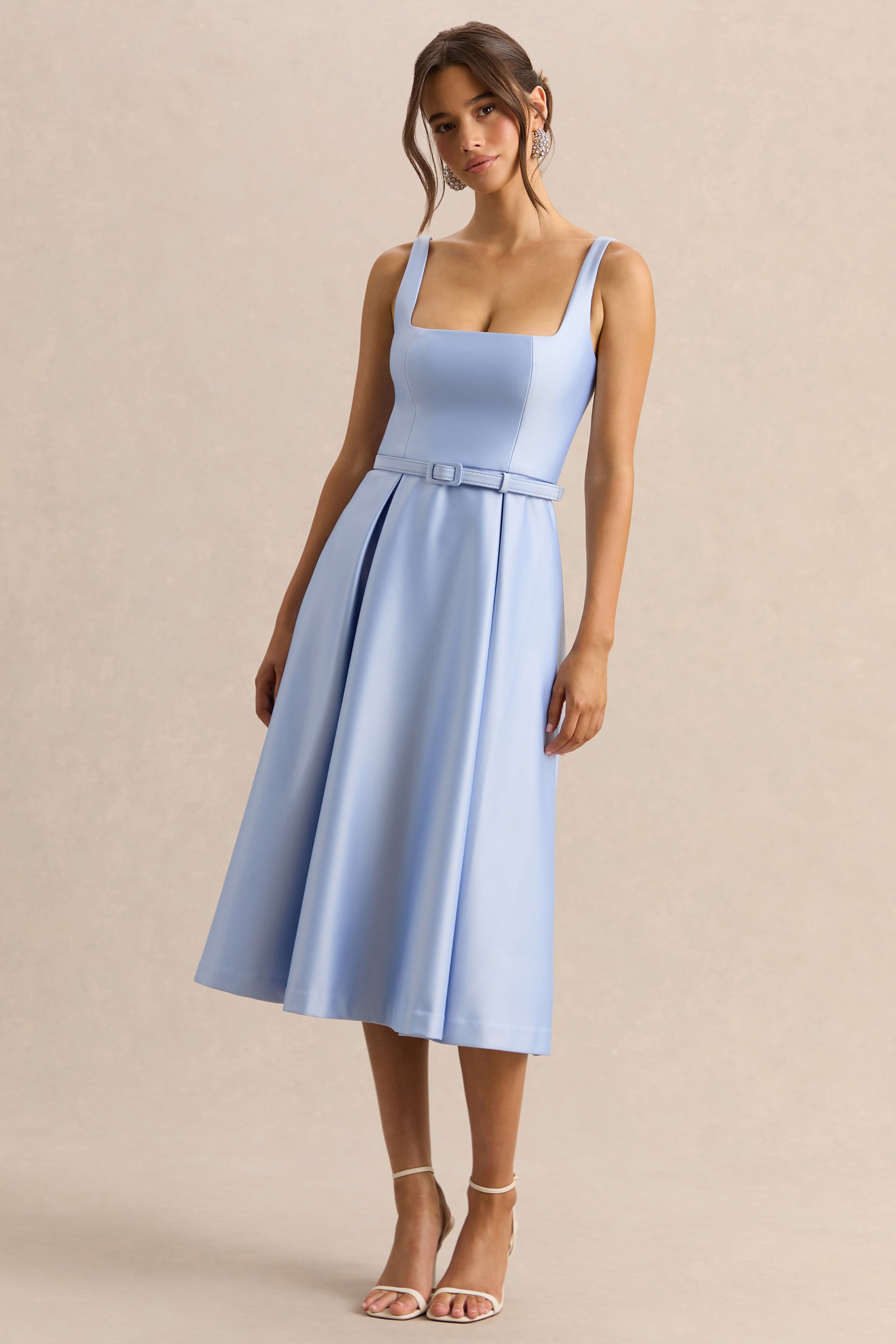 Crystaline | Powder Blue Satin Square-Neck Midi Dress