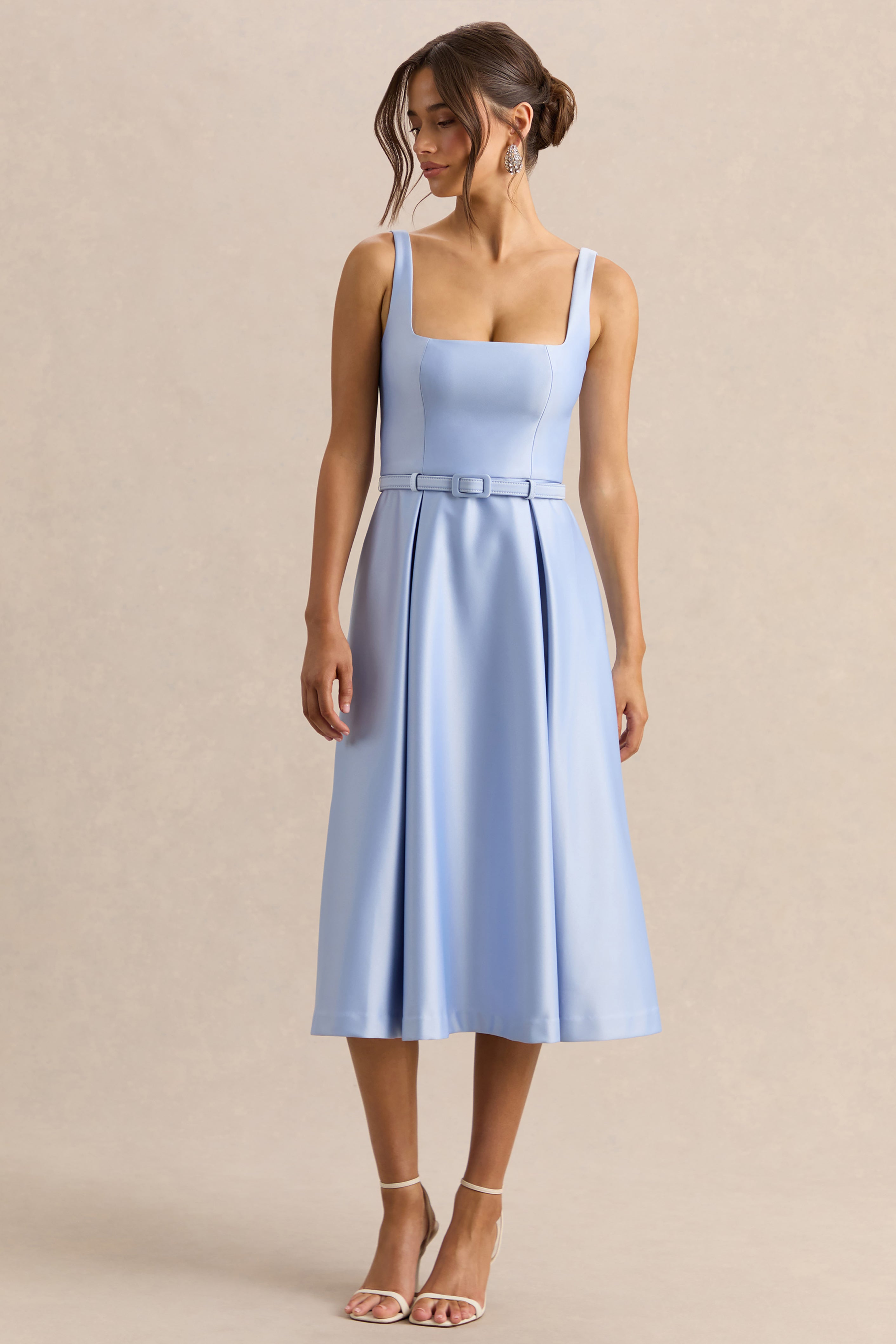 Crystaline | Powder Blue Satin Square-Neck Midi Dress