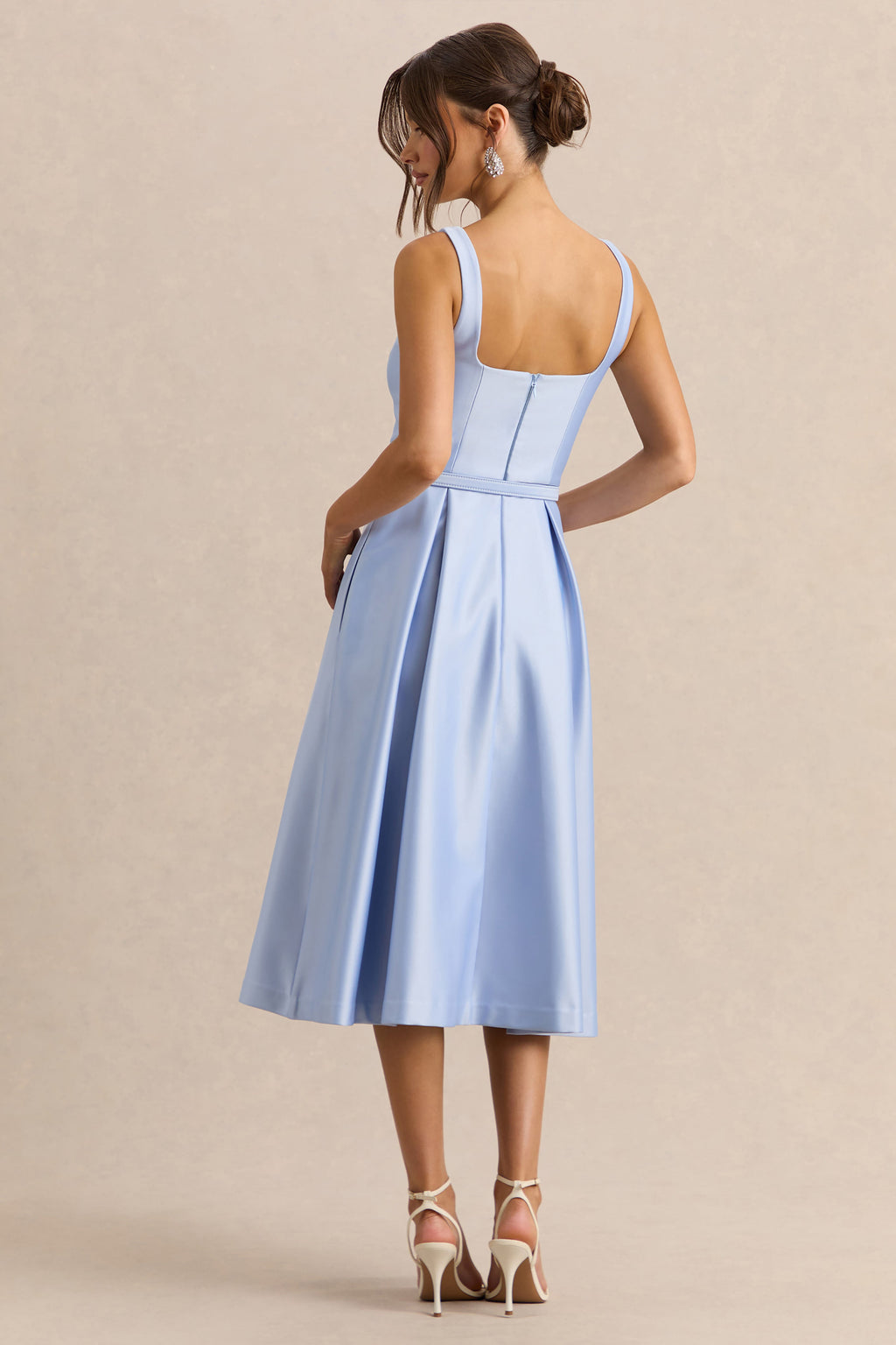 Crystaline | Powder Blue Satin Square-Neck Midi Dress