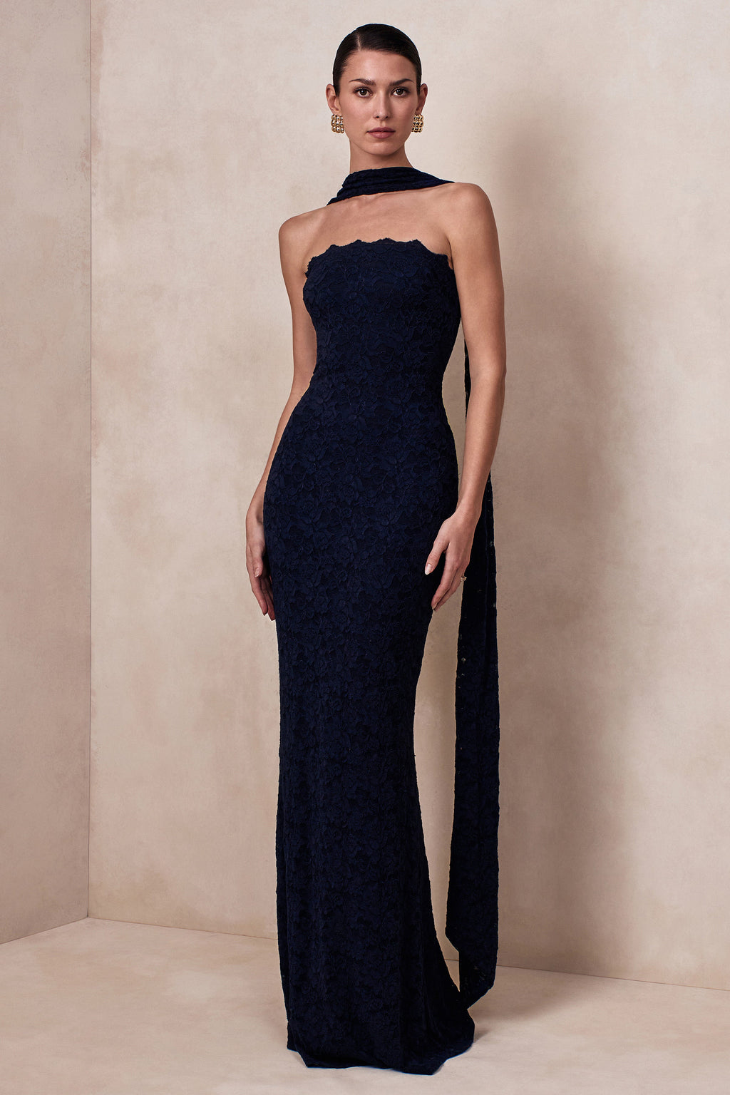 Massima | Navy Lace Bandeau Maxi Dress With Scarf-Detail