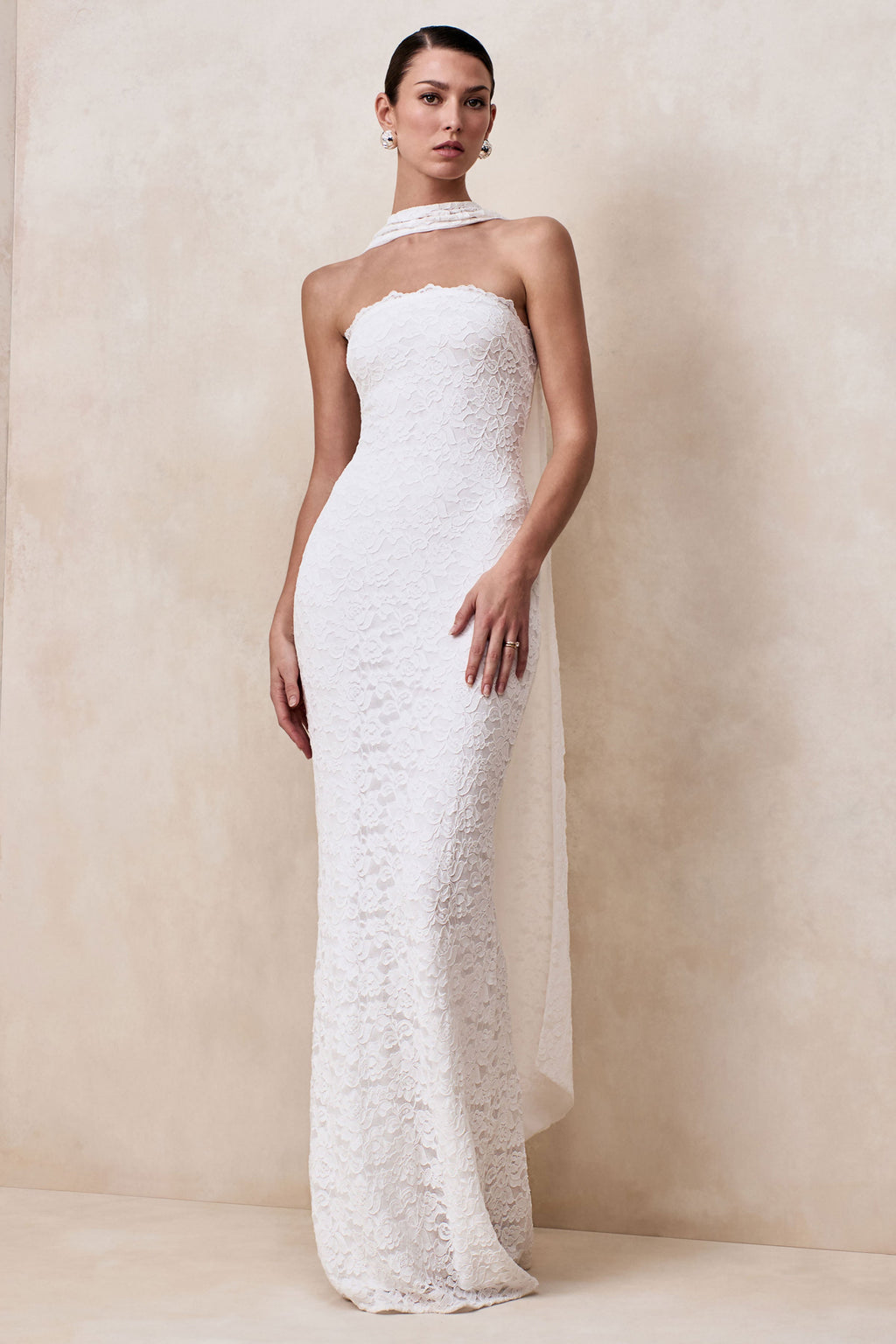 Massima | White Lace Bandeau Maxi Dress With Scarf-Detail