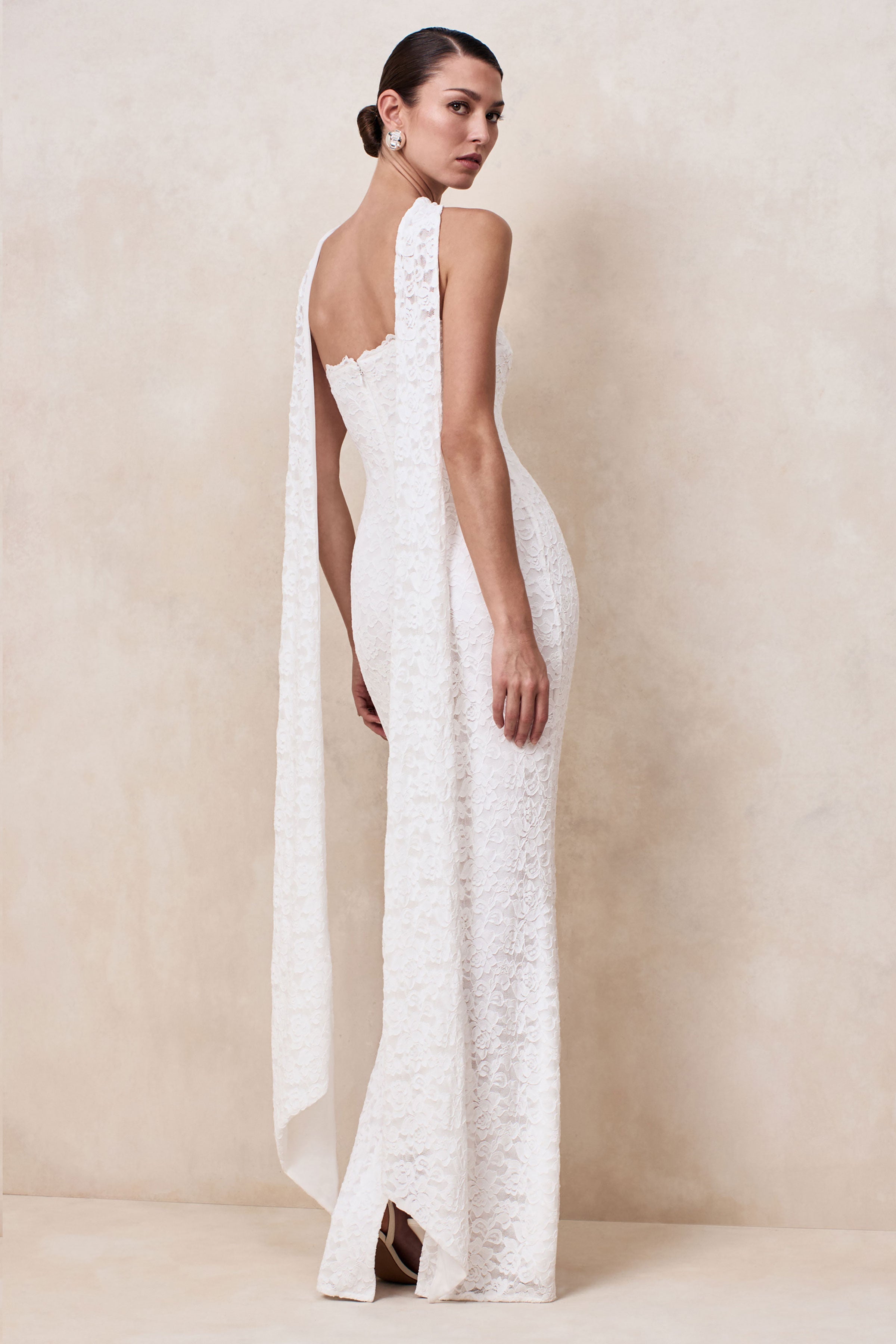 Massima | White Lace Bandeau Maxi Dress With Scarf-Detail