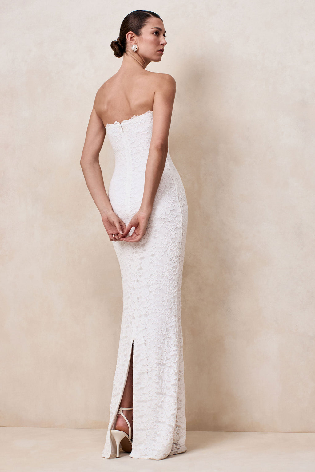 Massima | White Lace Bandeau Maxi Dress With Scarf-Detail