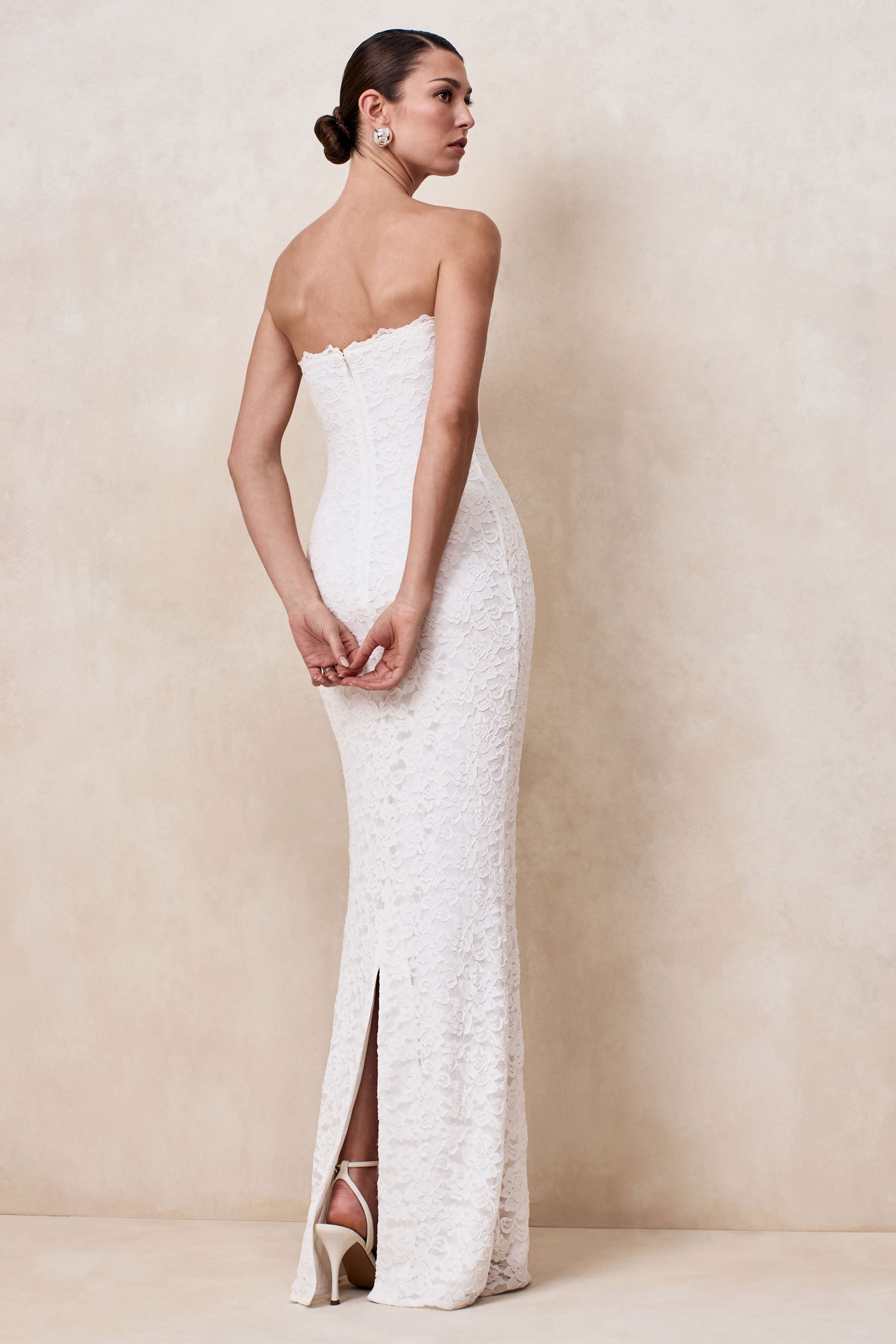 Massima | White Lace Bandeau Maxi Dress With Scarf-Detail