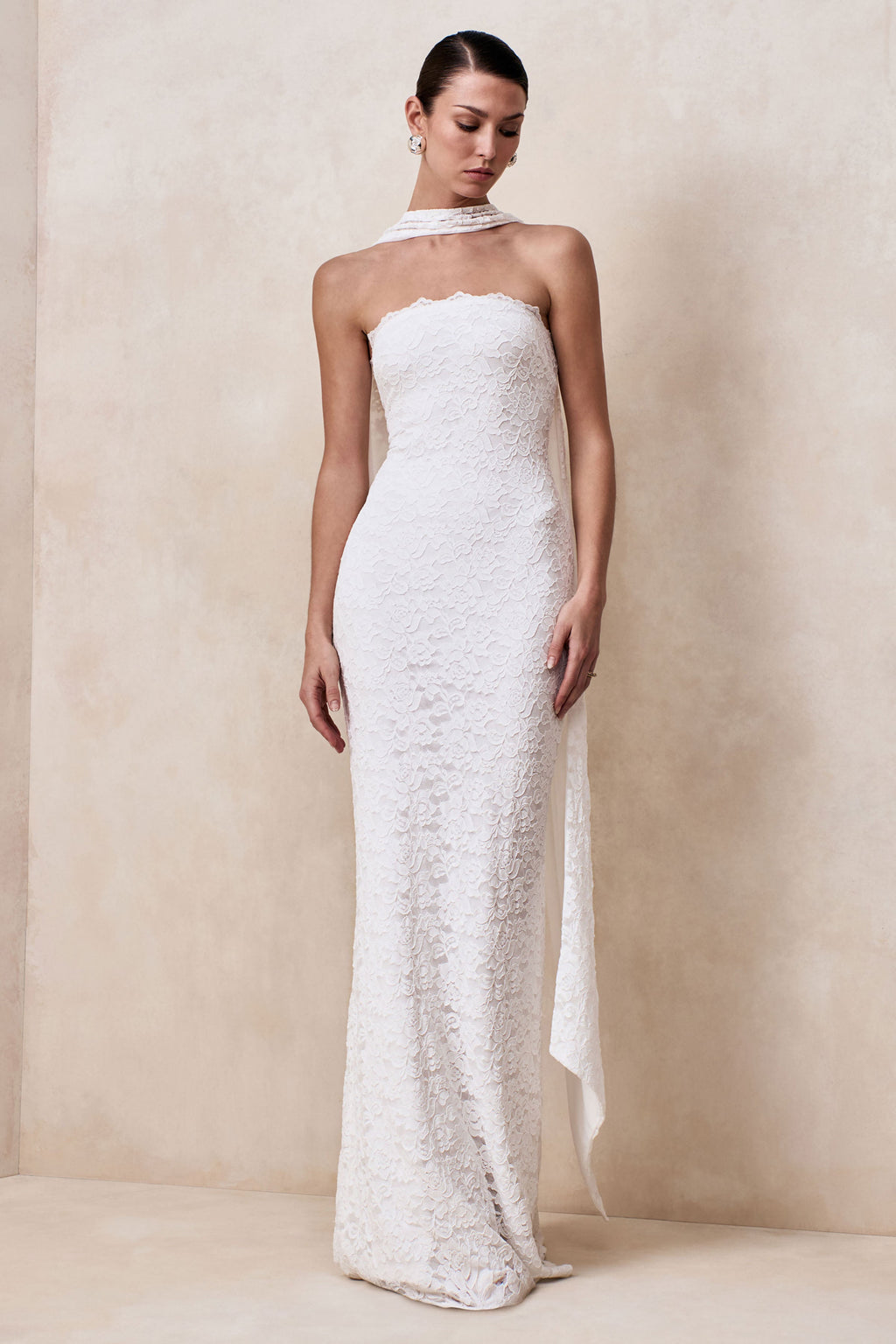 Massima | White Lace Bandeau Maxi Dress With Scarf-Detail