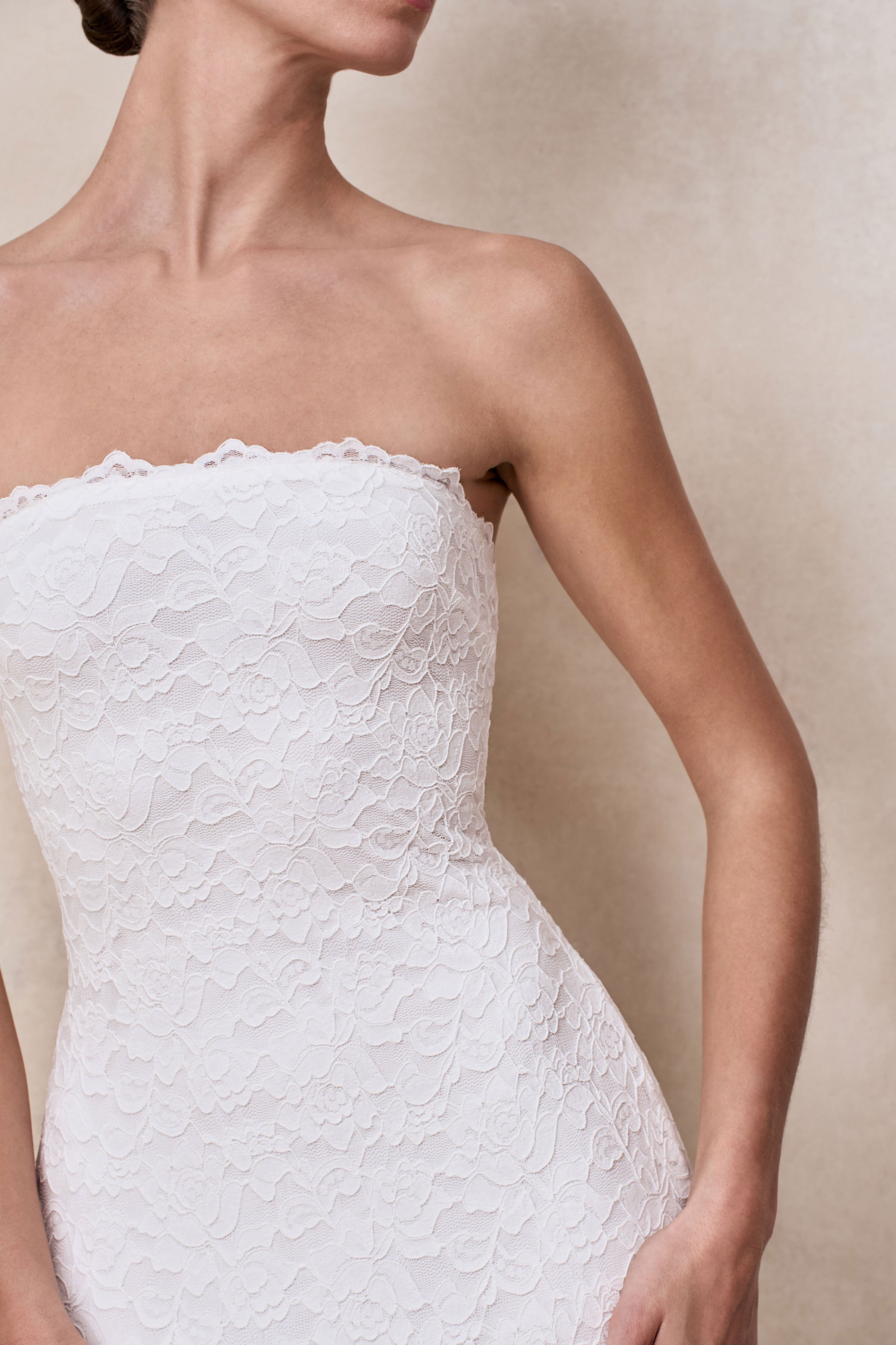 Massima | White Lace Bandeau Maxi Dress With Scarf-Detail