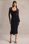 Rosetta | Black Sweetheart-Neck Midi Dress With Sheer-Sleeves