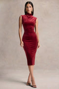 Nivina | Red Velvet High-Neck Midi Dress With Cap-Sleeves