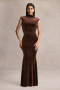 Malora | Brown Velvet High-Neck Maxi Dress With Open-Back