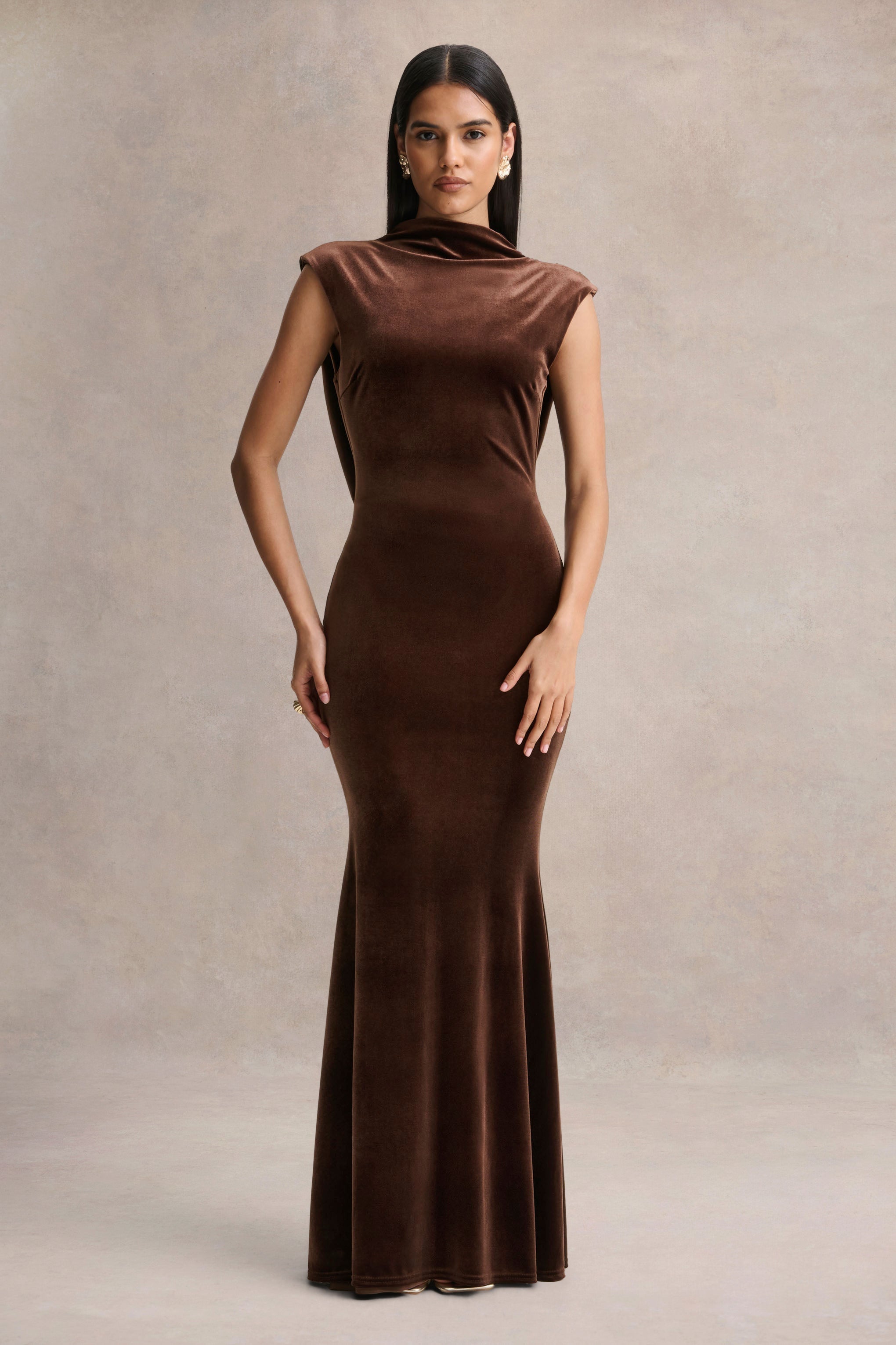 Malora | Brown Velvet High-Neck Maxi Dress With Open-Back