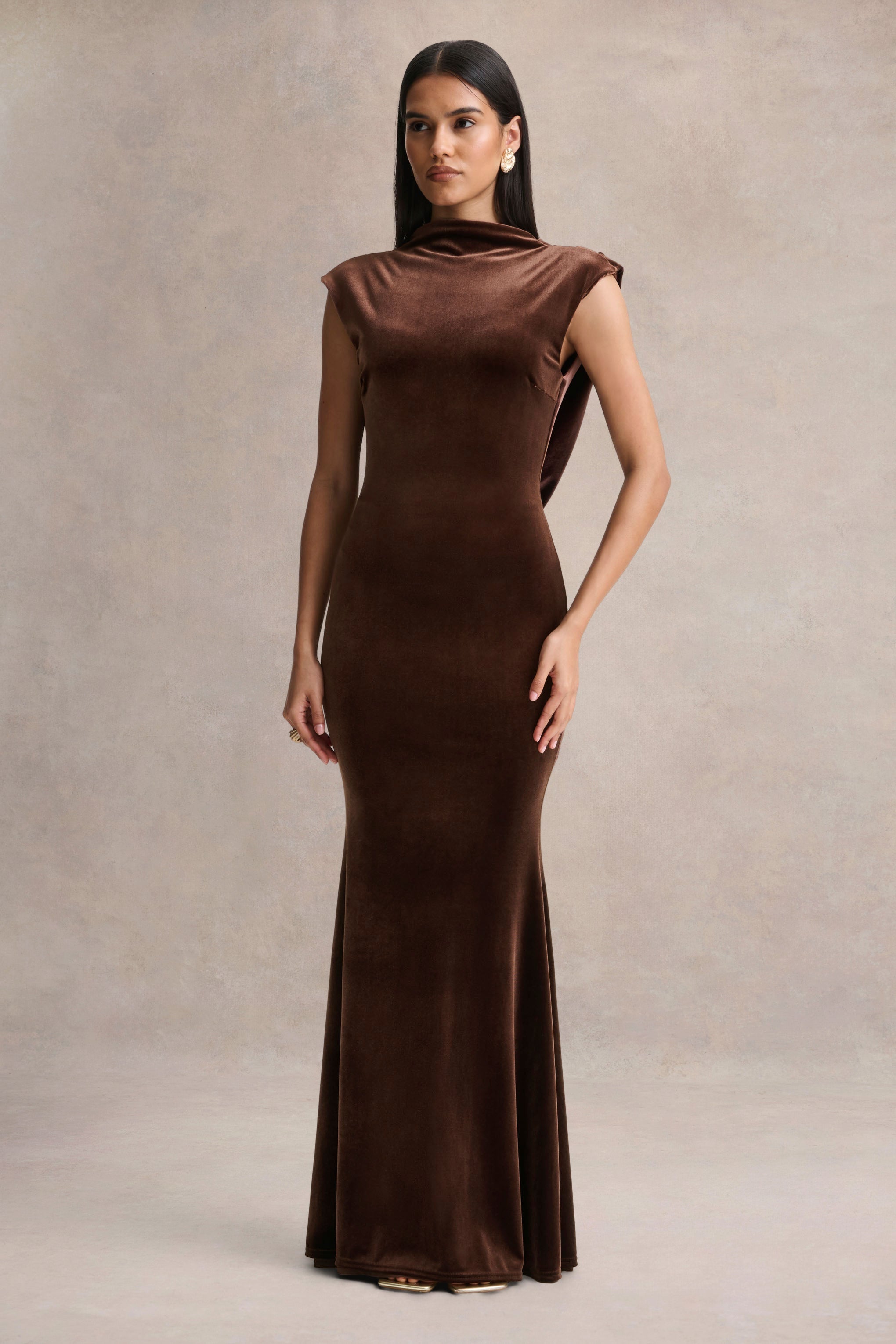 Malora | Brown Velvet High-Neck Maxi Dress With Open-Back