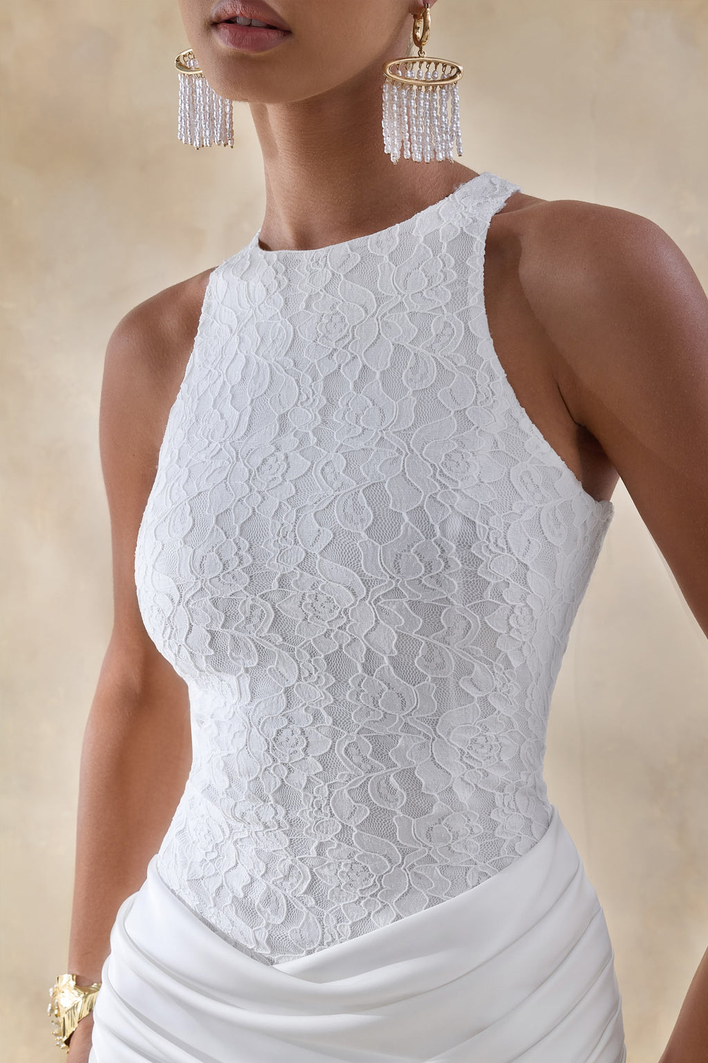 Neria | White Satin And Lace Crew-Neck Maxi Dress With Draped Wrap-Skirt