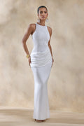 Neria | White Satin And Lace Crew-Neck Maxi Dress With Draped Wrap-Skirt