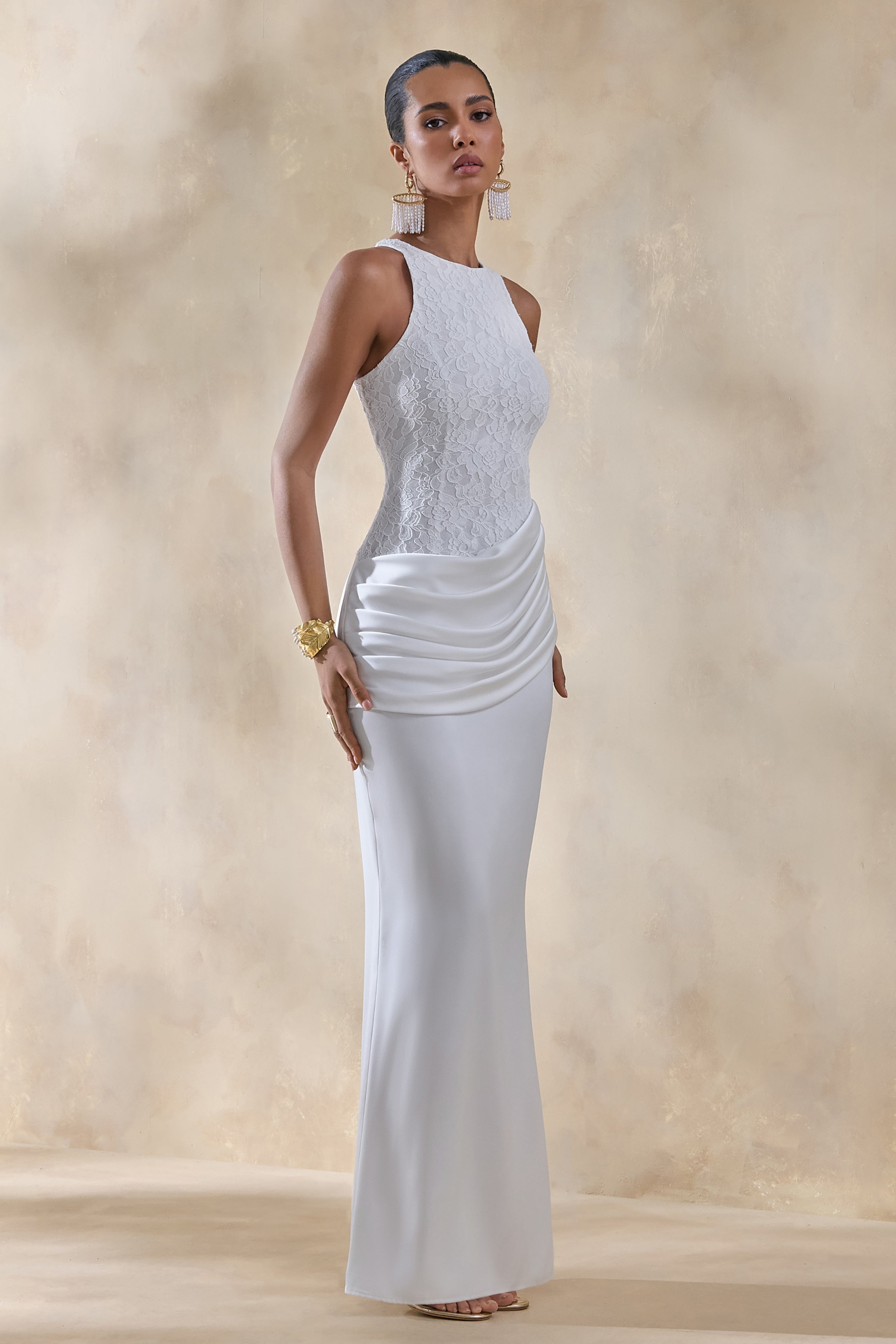 Neria | White Satin And Lace Crew-Neck Maxi Dress With Draped Wrap-Skirt