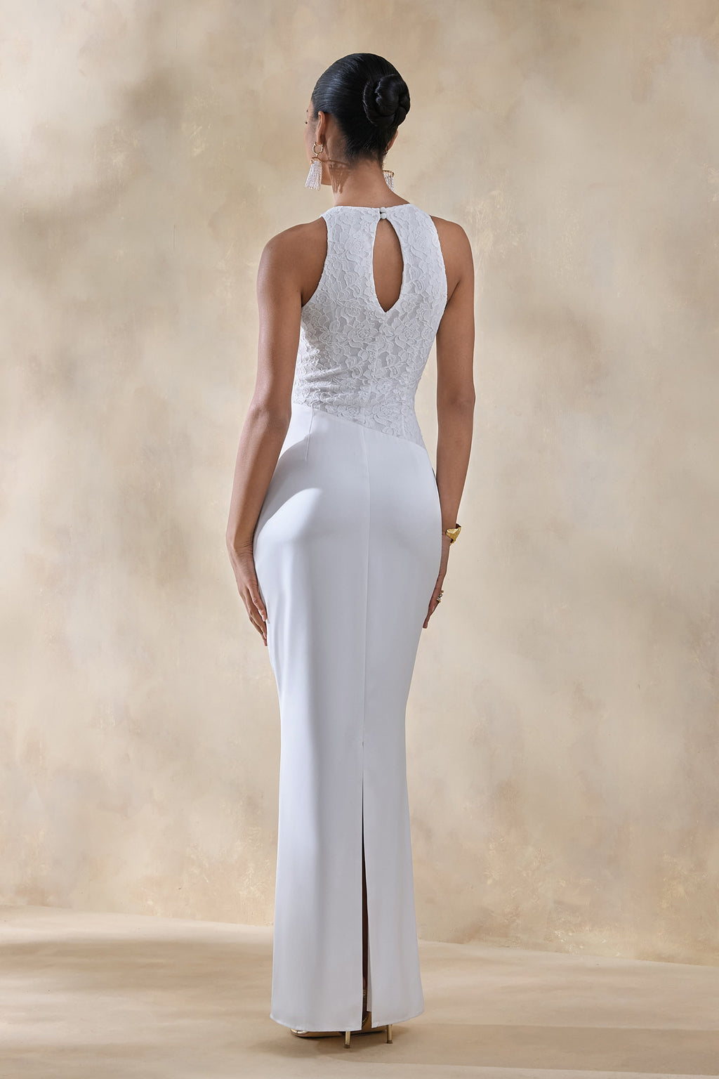 Neria | White Satin And Lace Crew-Neck Maxi Dress With Draped Wrap-Skirt