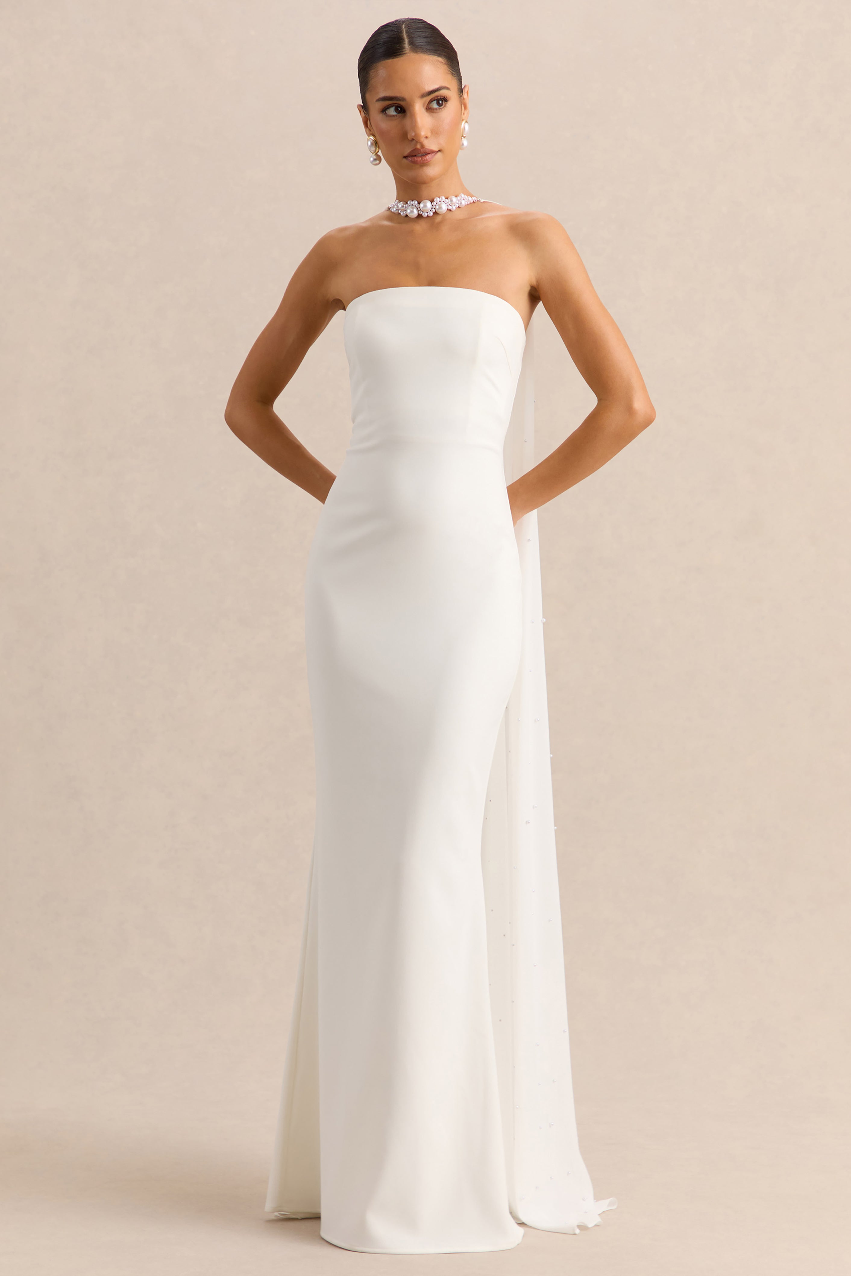Alina | White Bandeau Maxi-Dress With Cape
