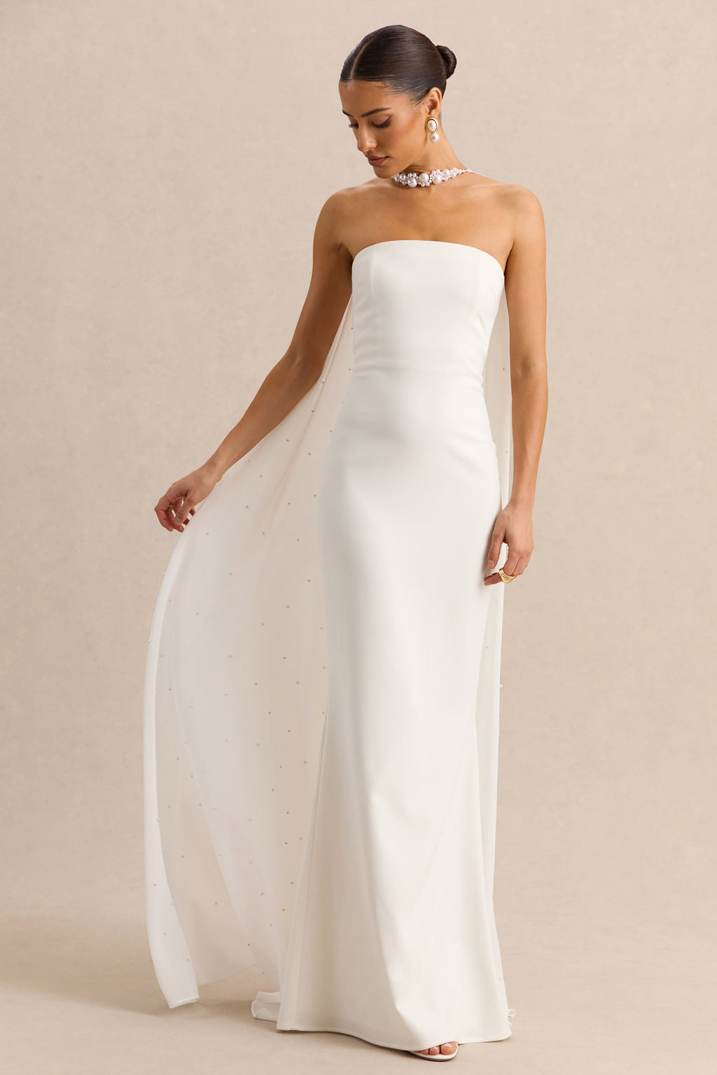 Alina | White Bandeau Maxi-Dress With Cape