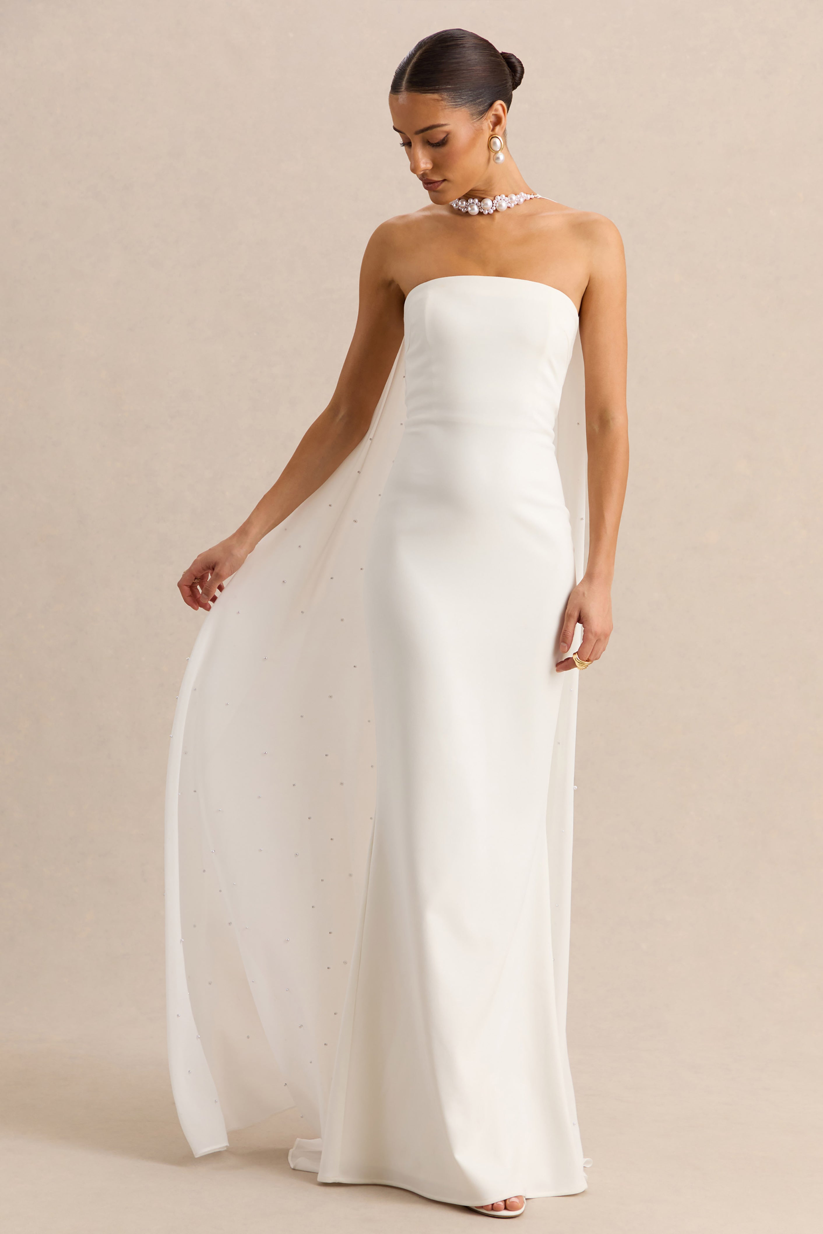 Alina | White Bandeau Maxi-Dress With Cape