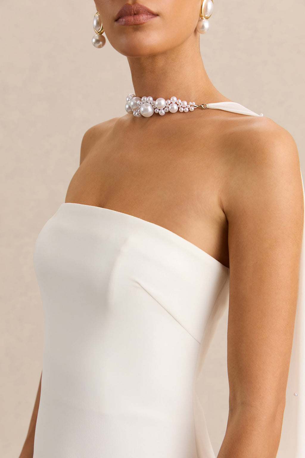 Alina | White Bandeau Maxi-Dress With Cape
