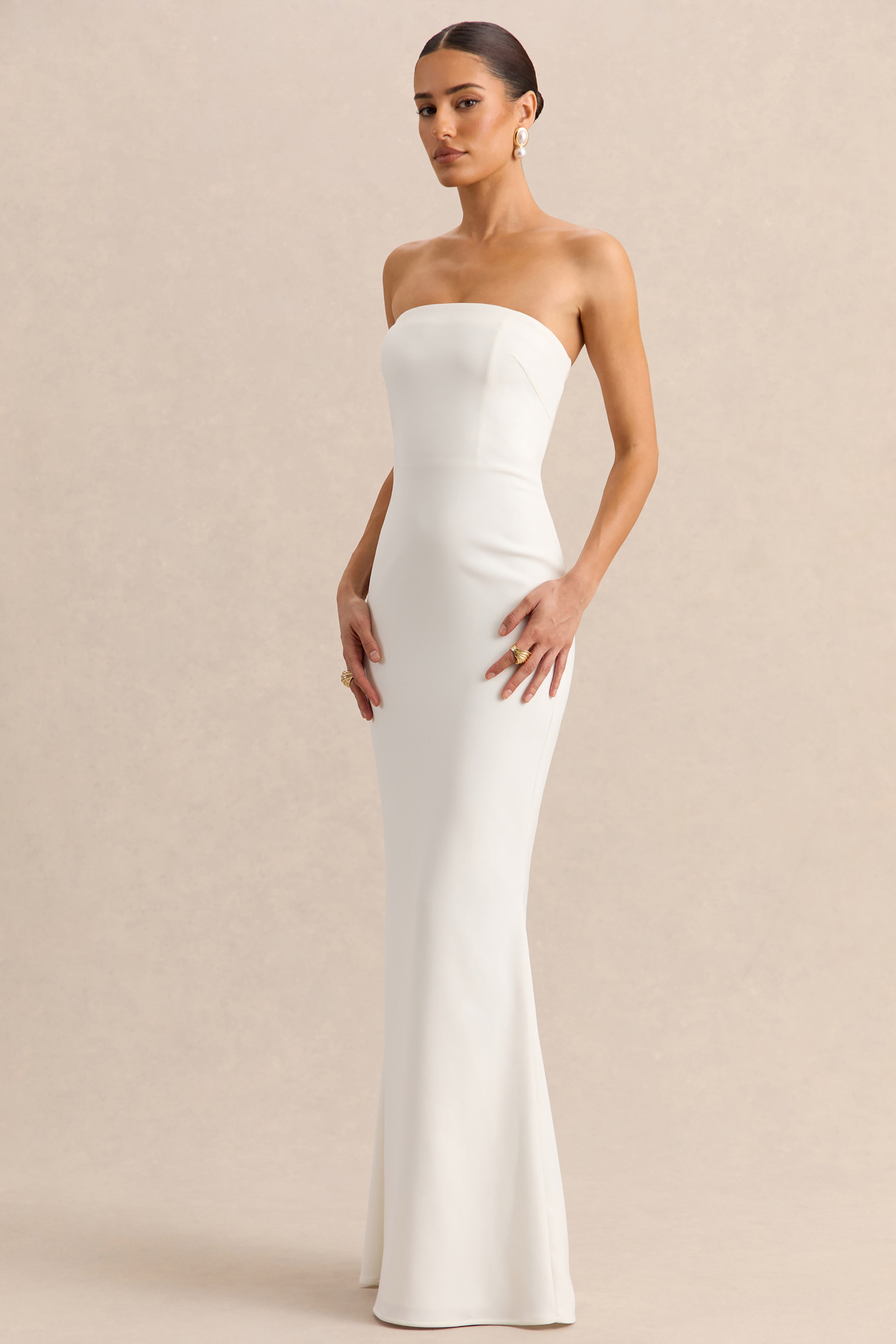 Alina | White Bandeau Maxi-Dress With Cape