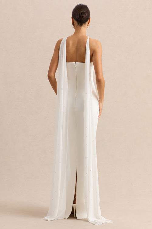 Alina | White Bandeau Maxi-Dress With Cape