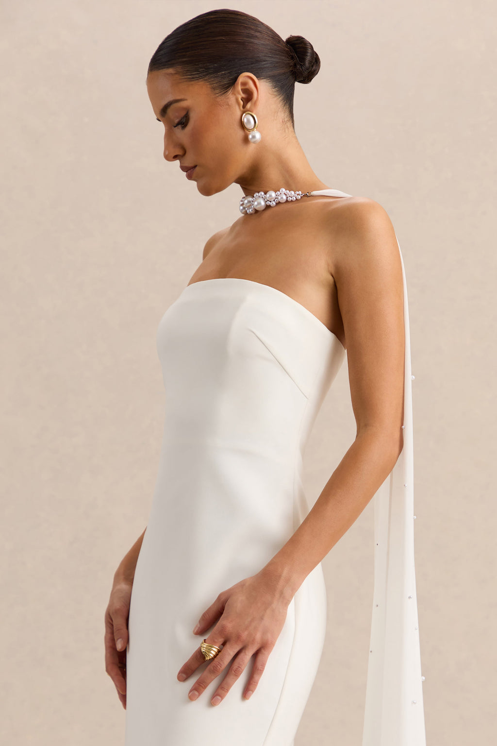 Alina | White Bandeau Maxi-Dress With Cape