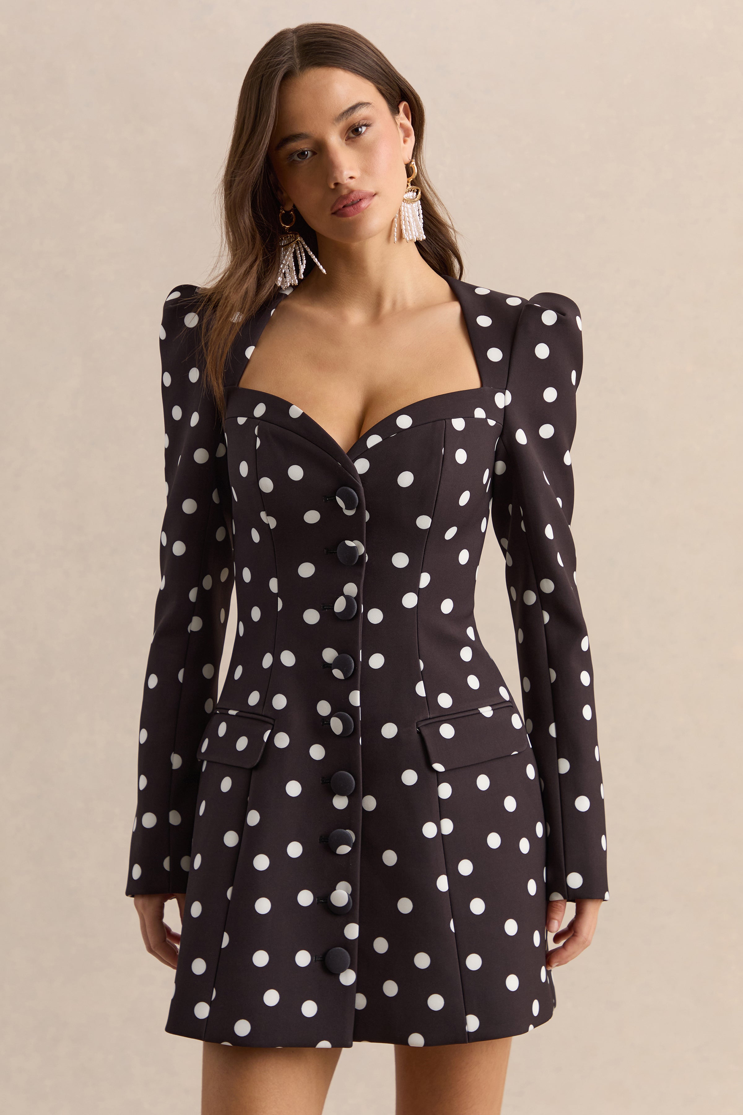 Carmen | Black & White Polka Dot Sweetheart-Neck Tailored Mini Dress