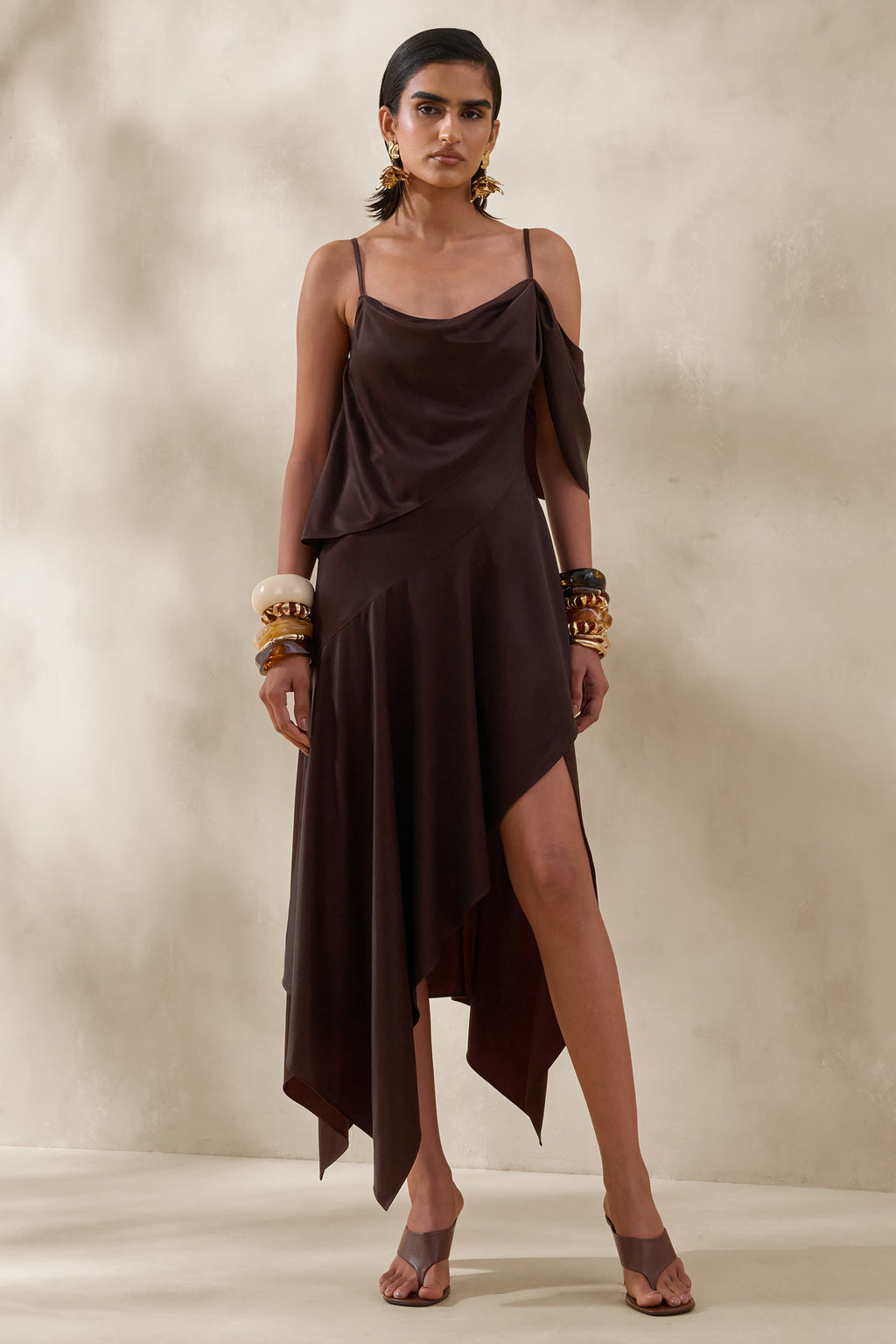 Helira | Brown Asymmetric Midi Dress With Draping Detailing and Open-Back