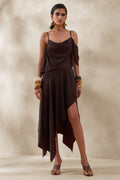 Helira | Brown Asymmetric Midi Dress With Draping Detailing and Open-Back