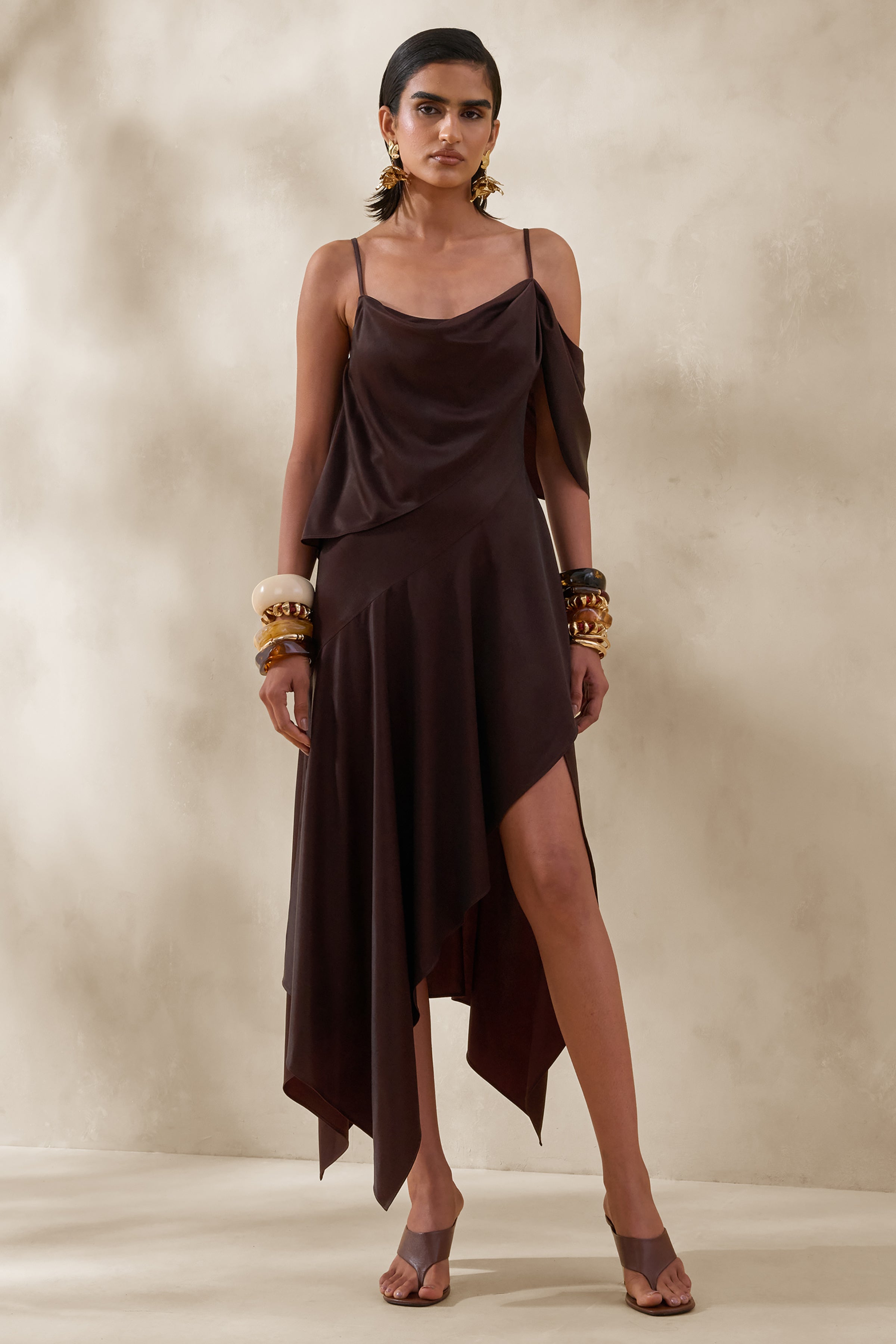 Helira | Brown Asymmetric Midi Dress With Draping Detailing and Open-Back