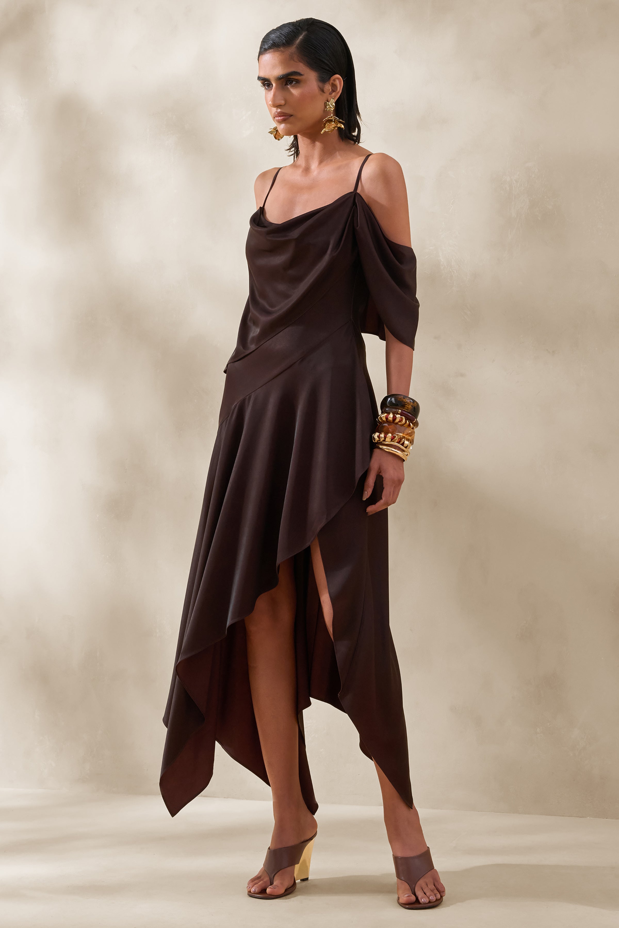 Helira | Brown Asymmetric Midi Dress With Draping Detailing and Open-Back