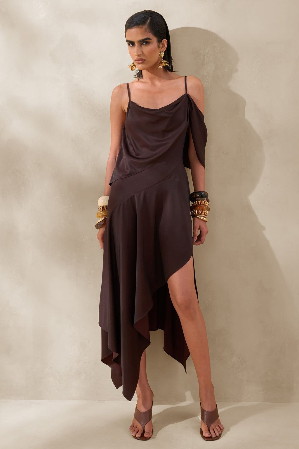 Helira | Brown Asymmetric Midi Dress With Draping Detailing and Open-Back